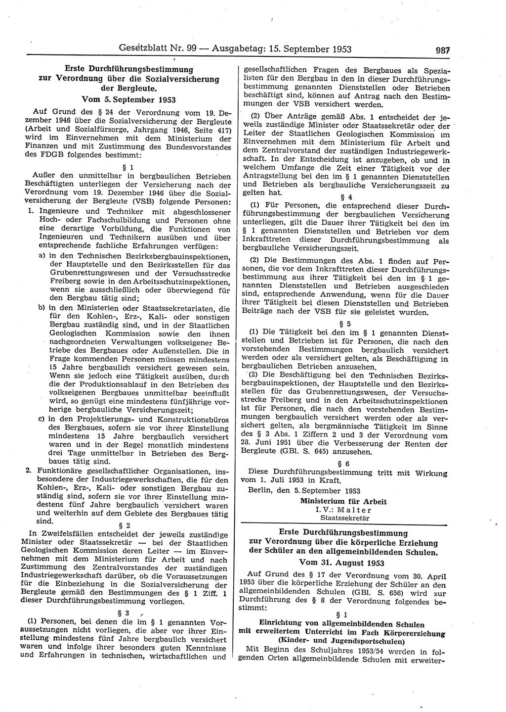 Gesetzblatt (GBl.) der Deutschen Demokratischen Republik (DDR) 1953, Seite 987 (GBl. DDR 1953, S. 987)