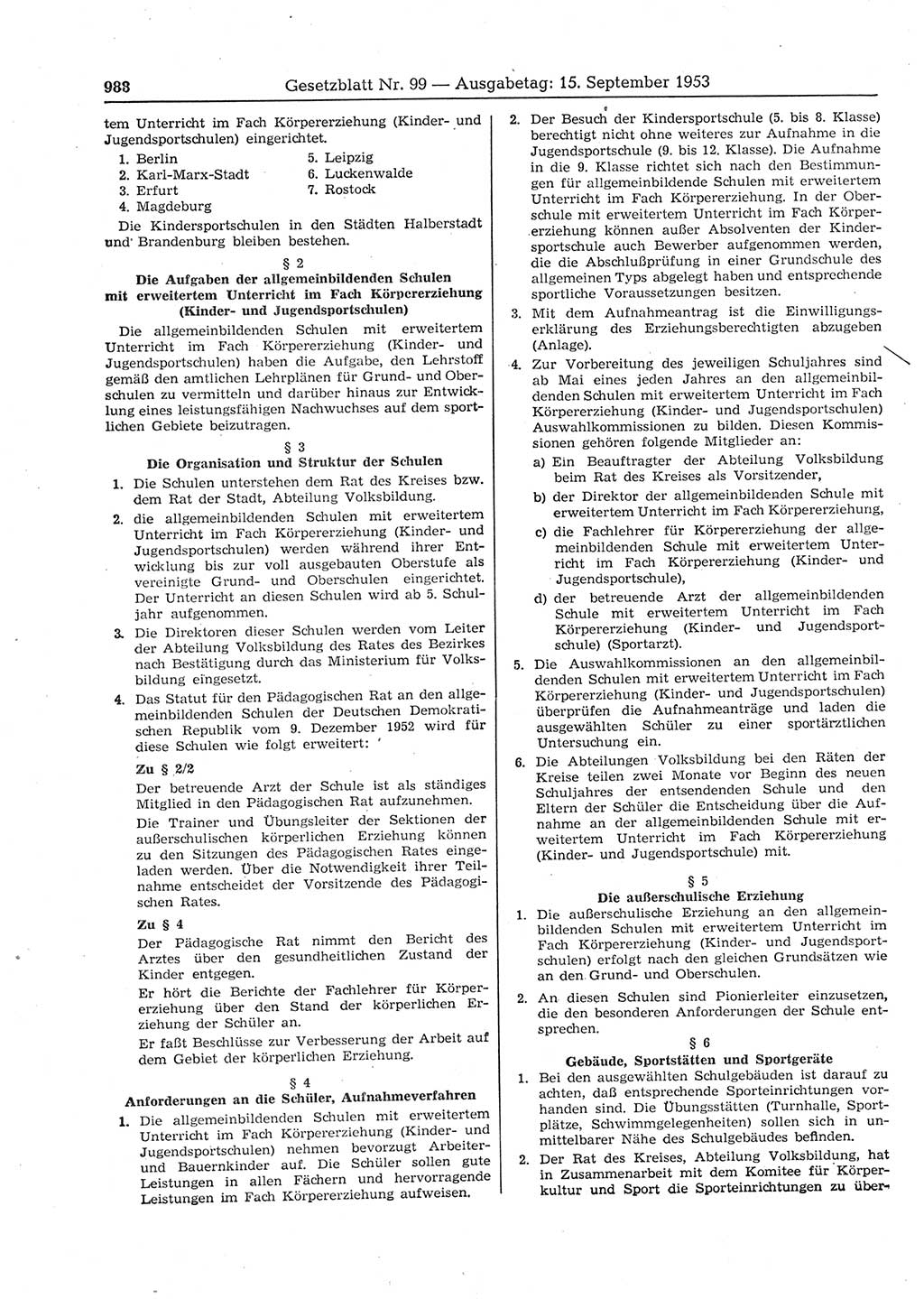 Gesetzblatt (GBl.) der Deutschen Demokratischen Republik (DDR) 1953, Seite 988 (GBl. DDR 1953, S. 988)