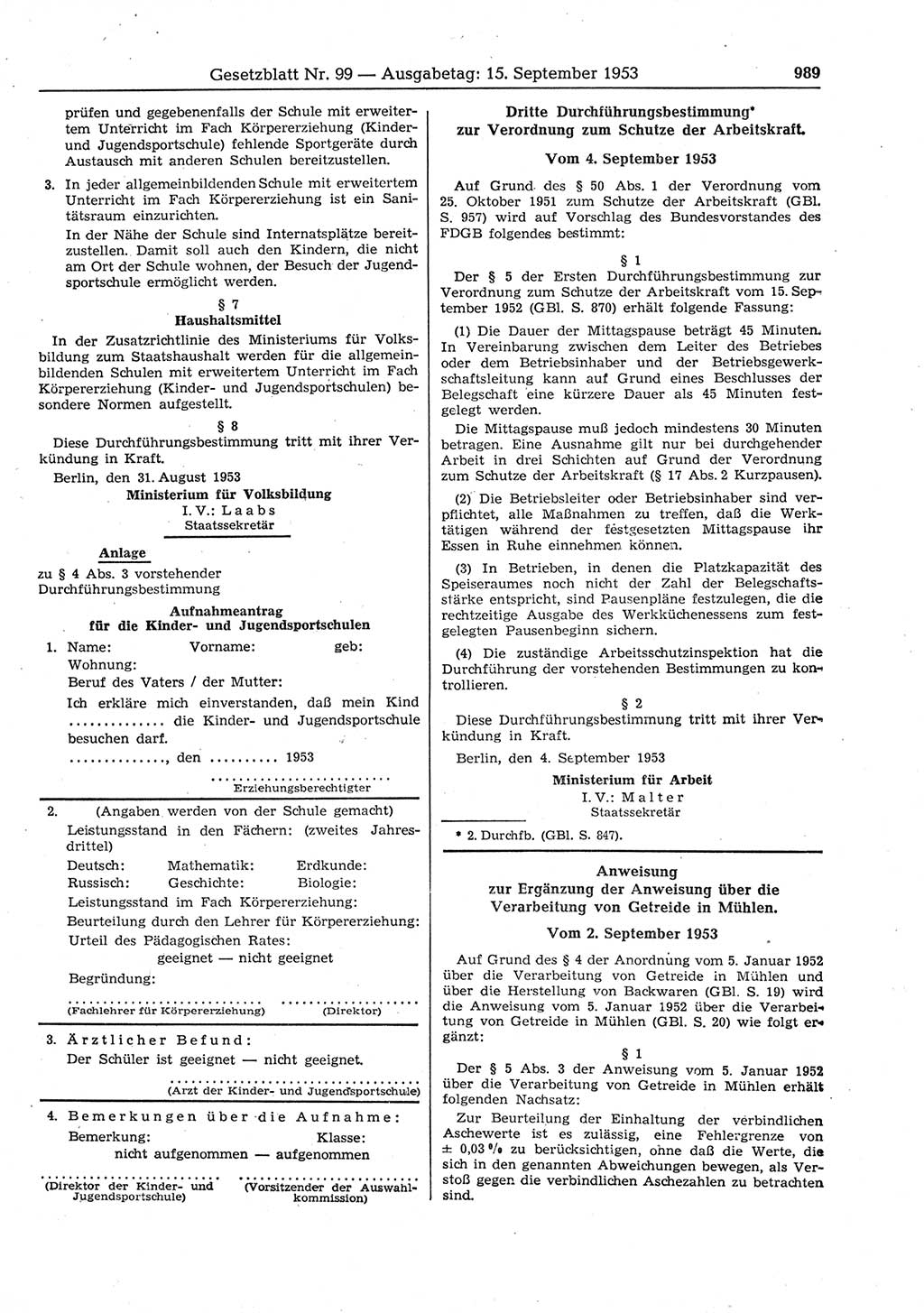 Gesetzblatt (GBl.) der Deutschen Demokratischen Republik (DDR) 1953, Seite 989 (GBl. DDR 1953, S. 989)