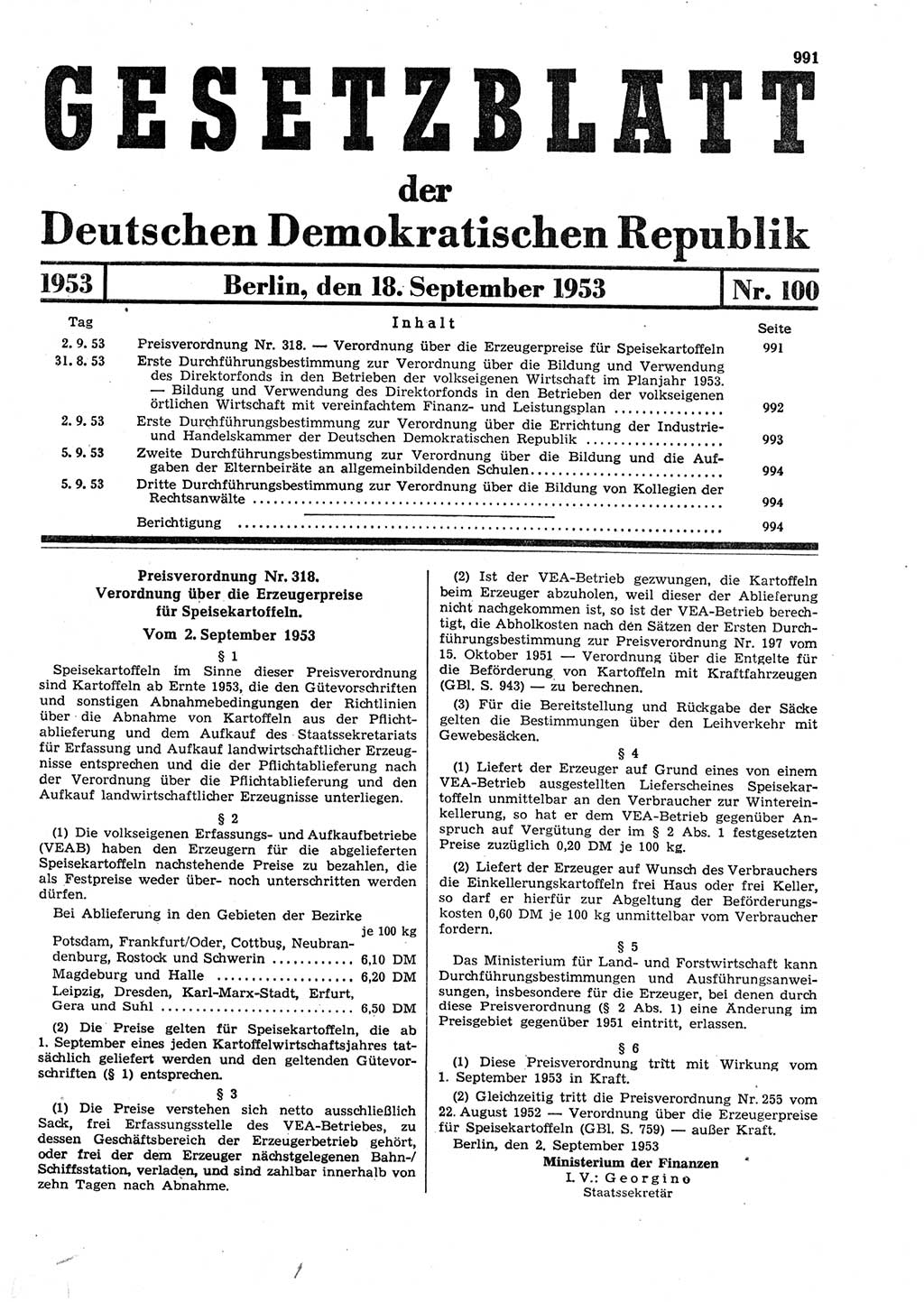 Gesetzblatt (GBl.) der Deutschen Demokratischen Republik (DDR) 1953, Seite 991 (GBl. DDR 1953, S. 991)