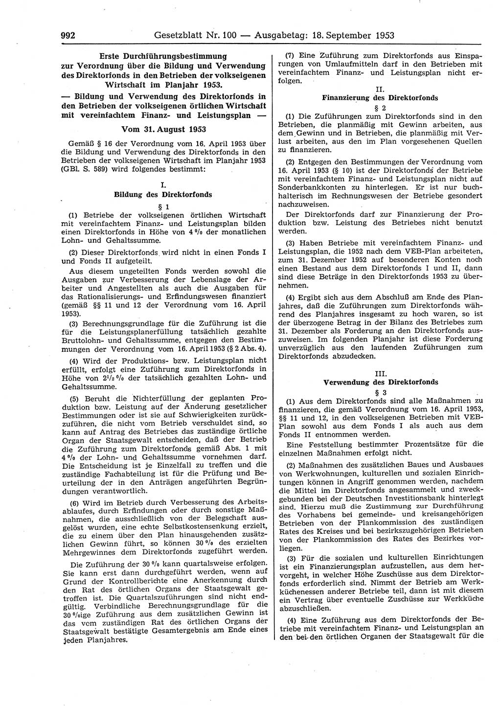 Gesetzblatt (GBl.) der Deutschen Demokratischen Republik (DDR) 1953, Seite 992 (GBl. DDR 1953, S. 992)