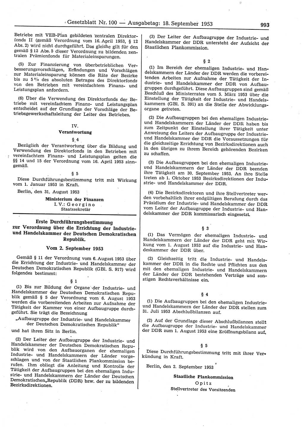 Gesetzblatt (GBl.) der Deutschen Demokratischen Republik (DDR) 1953, Seite 993 (GBl. DDR 1953, S. 993)