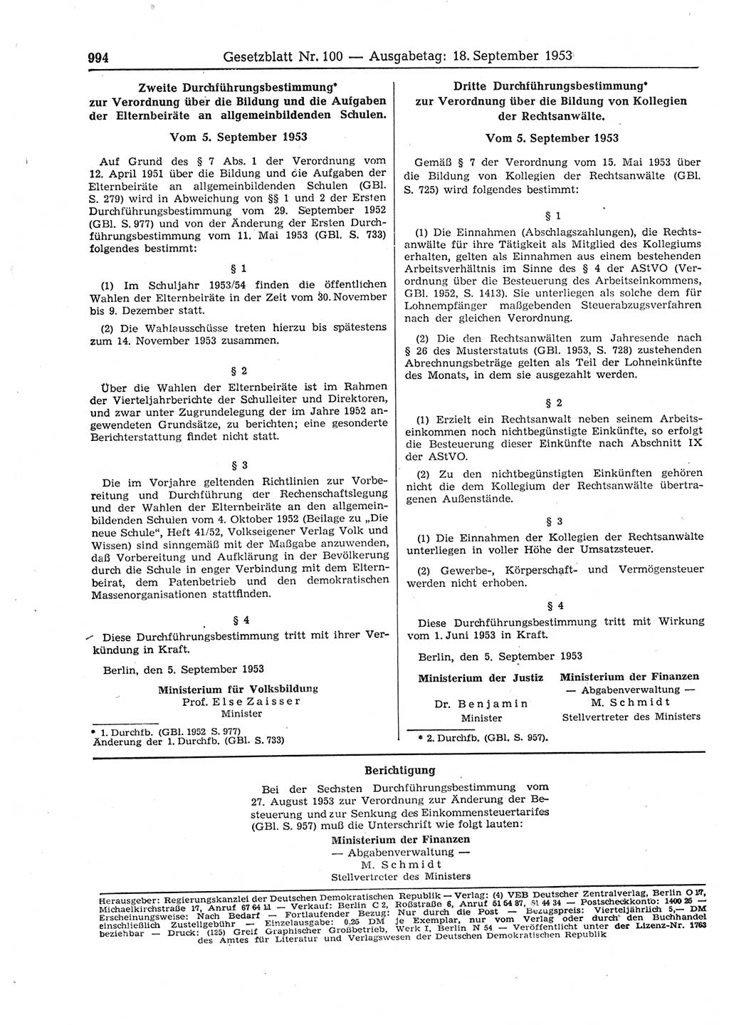 Gesetzblatt (GBl.) der Deutschen Demokratischen Republik (DDR) 1953, Seite 994 (GBl. DDR 1953, S. 994)