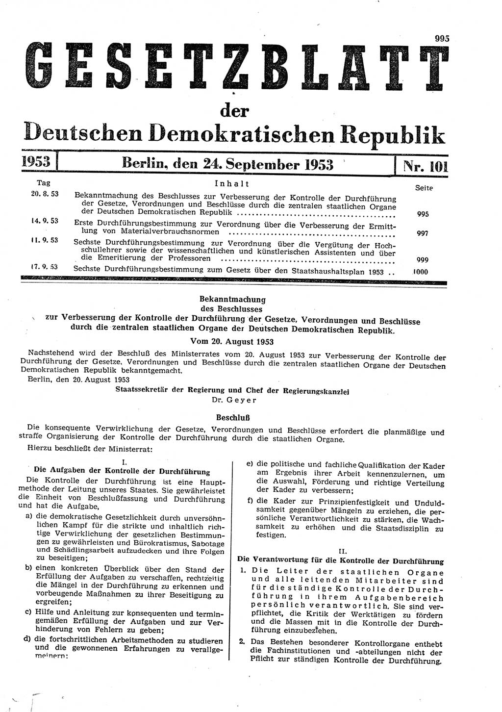 Gesetzblatt (GBl.) der Deutschen Demokratischen Republik (DDR) 1953, Seite 995 (GBl. DDR 1953, S. 995)