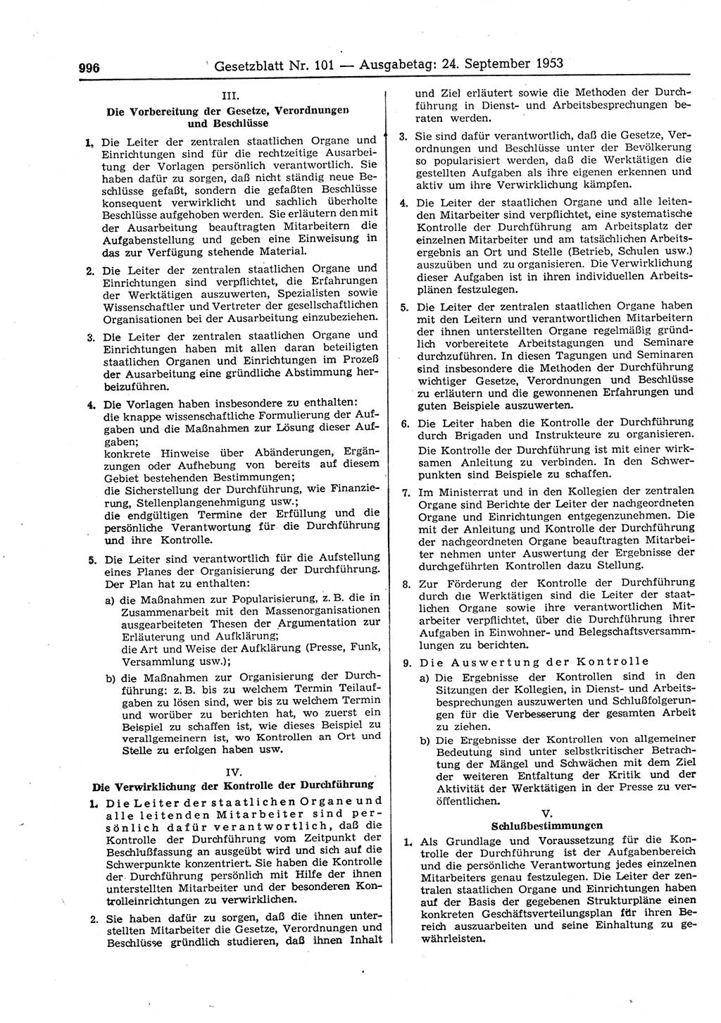 Gesetzblatt (GBl.) der Deutschen Demokratischen Republik (DDR) 1953, Seite 996 (GBl. DDR 1953, S. 996)