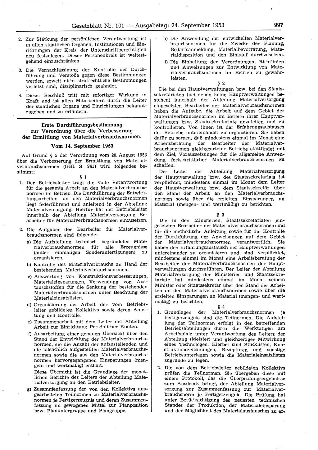 Gesetzblatt (GBl.) der Deutschen Demokratischen Republik (DDR) 1953, Seite 997 (GBl. DDR 1953, S. 997)