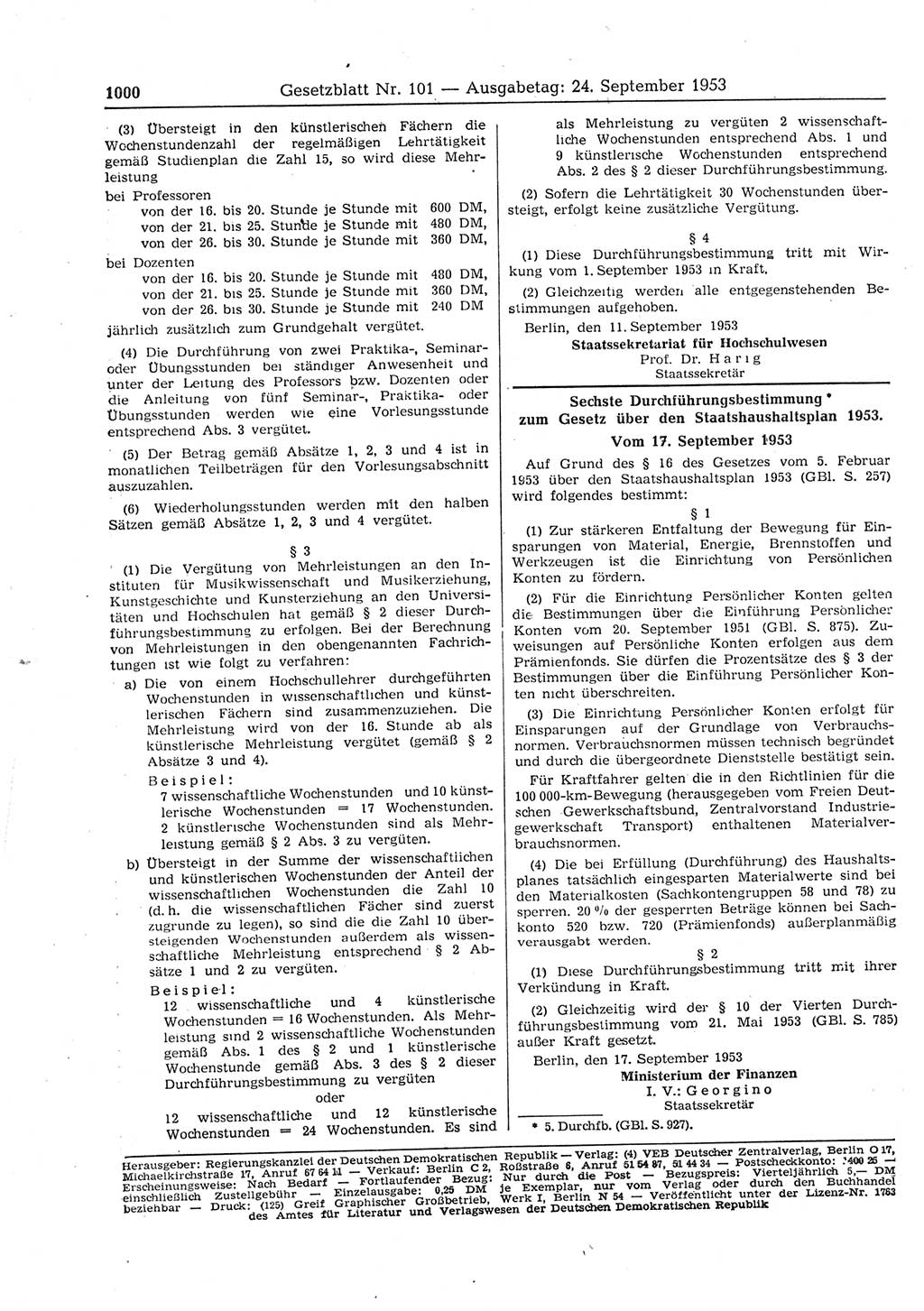 Gesetzblatt (GBl.) der Deutschen Demokratischen Republik (DDR) 1953, Seite 1000 (GBl. DDR 1953, S. 1000)