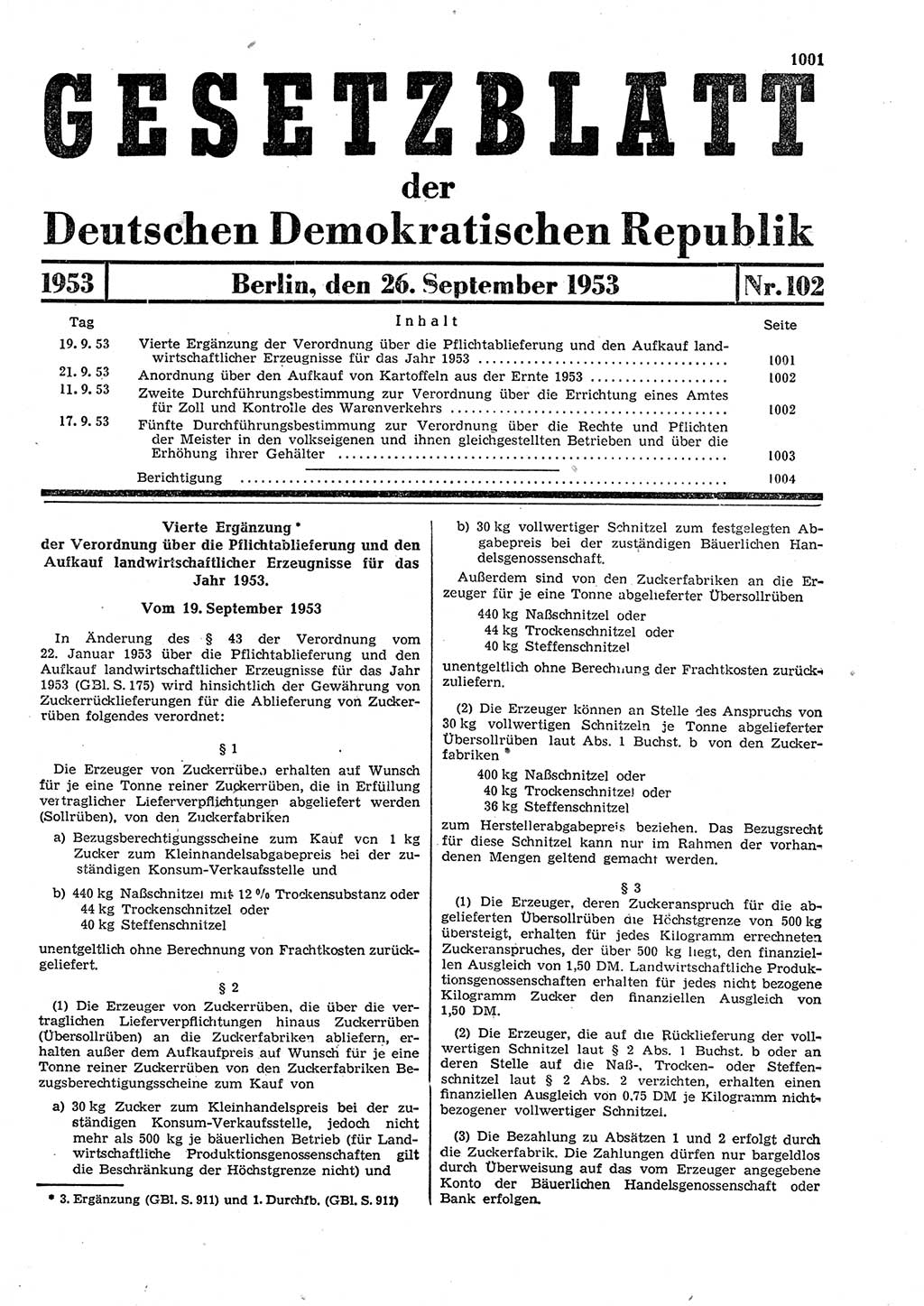 Gesetzblatt (GBl.) der Deutschen Demokratischen Republik (DDR) 1953, Seite 1001 (GBl. DDR 1953, S. 1001)