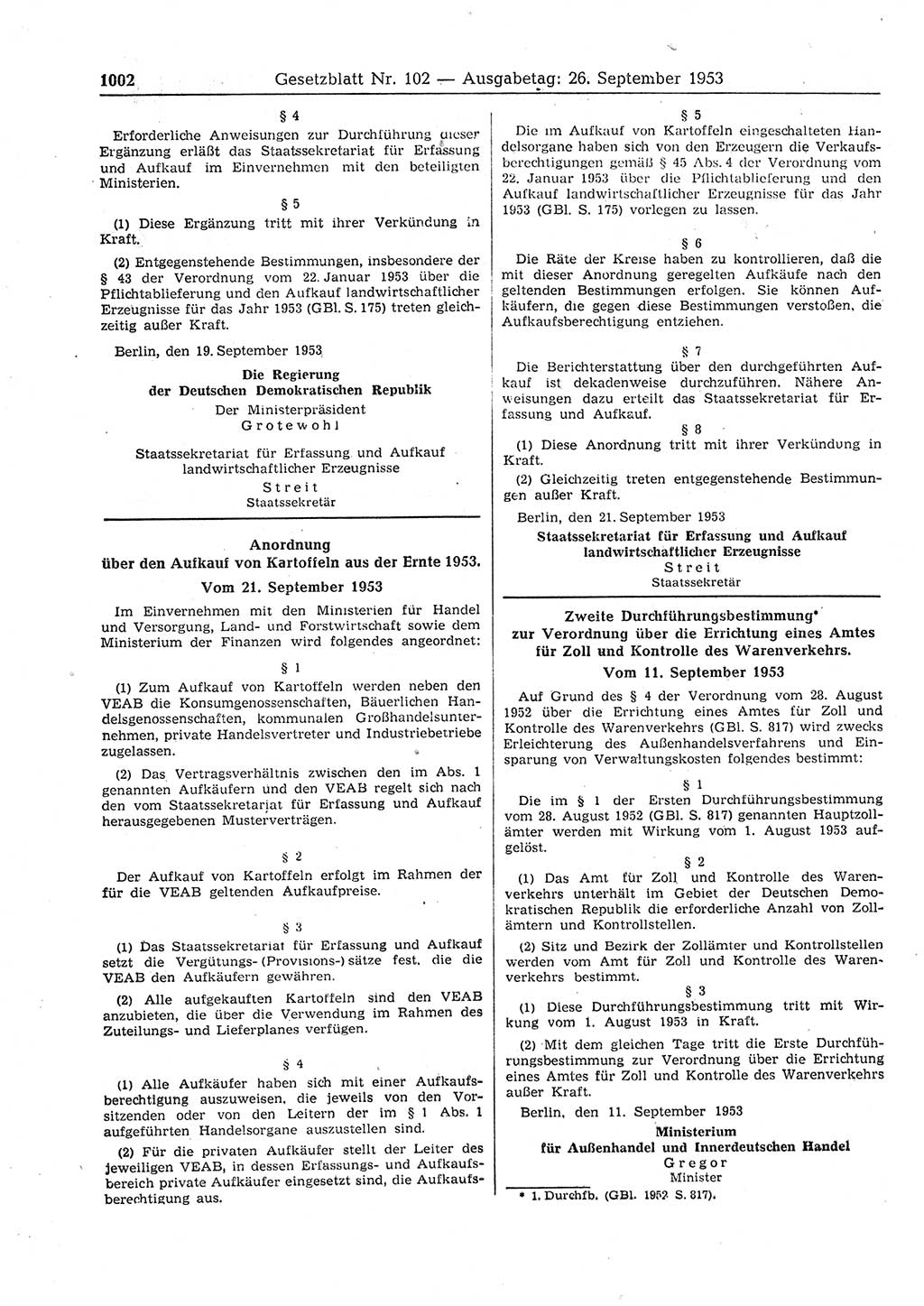 Gesetzblatt (GBl.) der Deutschen Demokratischen Republik (DDR) 1953, Seite 1002 (GBl. DDR 1953, S. 1002)