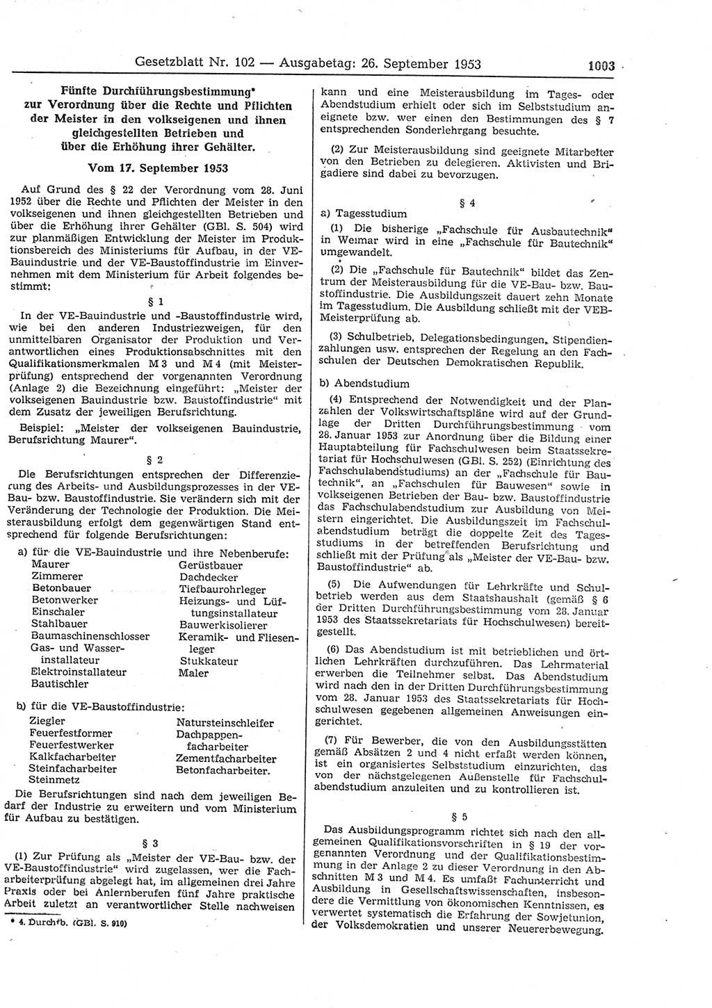 Gesetzblatt (GBl.) der Deutschen Demokratischen Republik (DDR) 1953, Seite 1003 (GBl. DDR 1953, S. 1003)