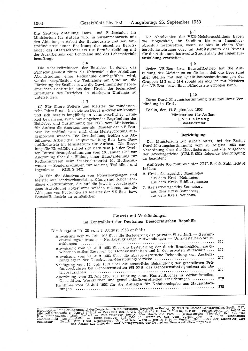 Gesetzblatt (GBl.) der Deutschen Demokratischen Republik (DDR) 1953, Seite 1004 (GBl. DDR 1953, S. 1004)