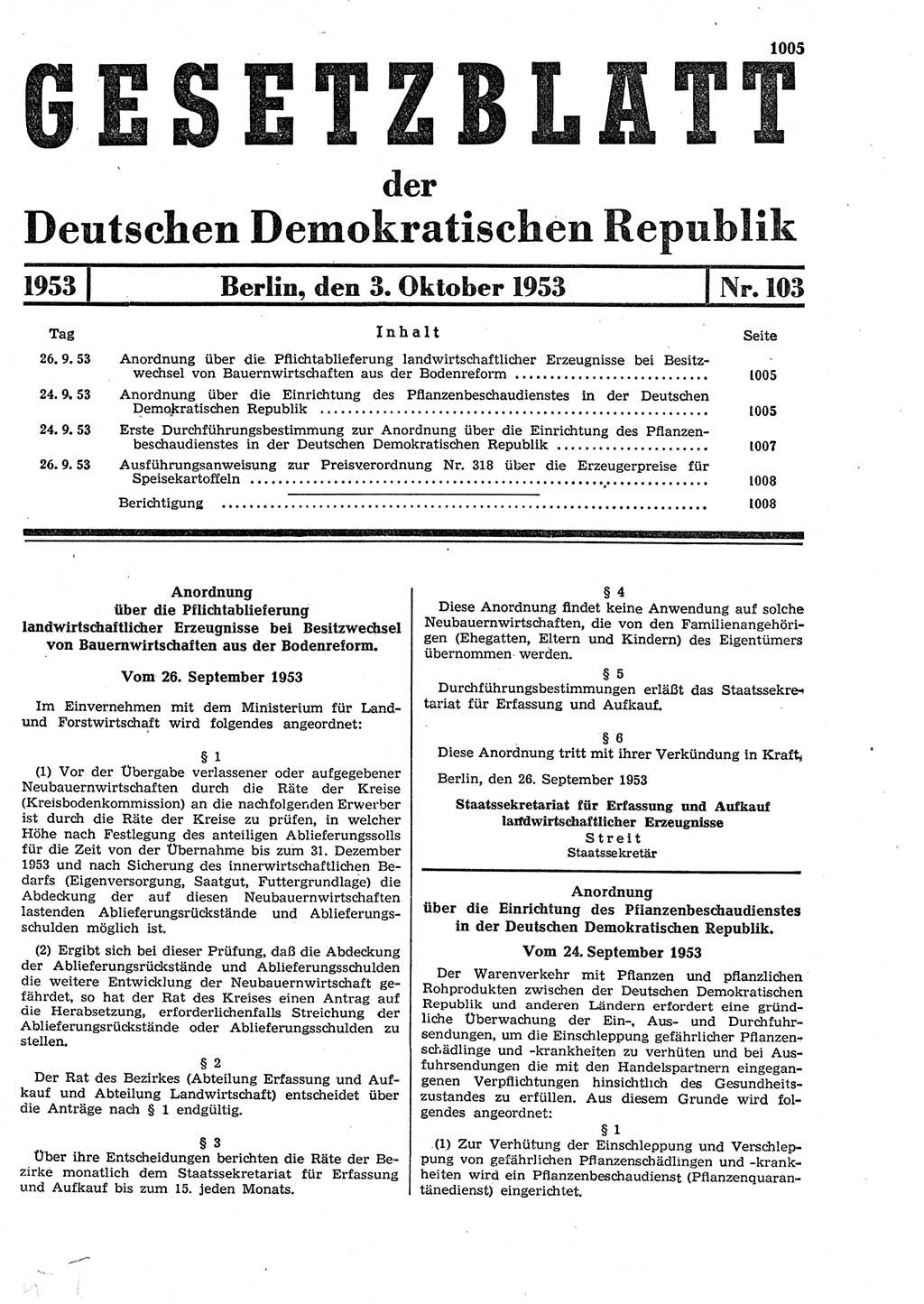 Gesetzblatt (GBl.) der Deutschen Demokratischen Republik (DDR) 1953, Seite 1005 (GBl. DDR 1953, S. 1005)