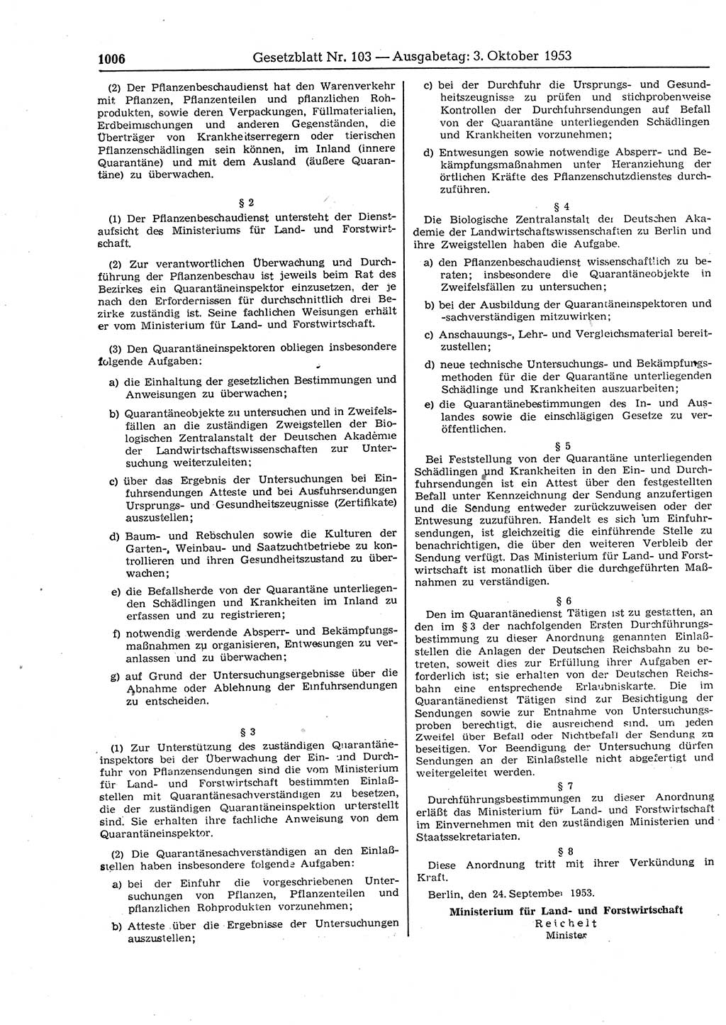 Gesetzblatt (GBl.) der Deutschen Demokratischen Republik (DDR) 1953, Seite 1006 (GBl. DDR 1953, S. 1006)