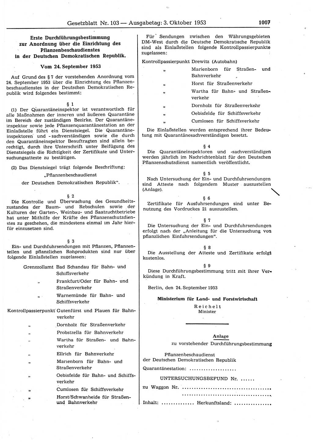 Gesetzblatt (GBl.) der Deutschen Demokratischen Republik (DDR) 1953, Seite 1007 (GBl. DDR 1953, S. 1007)