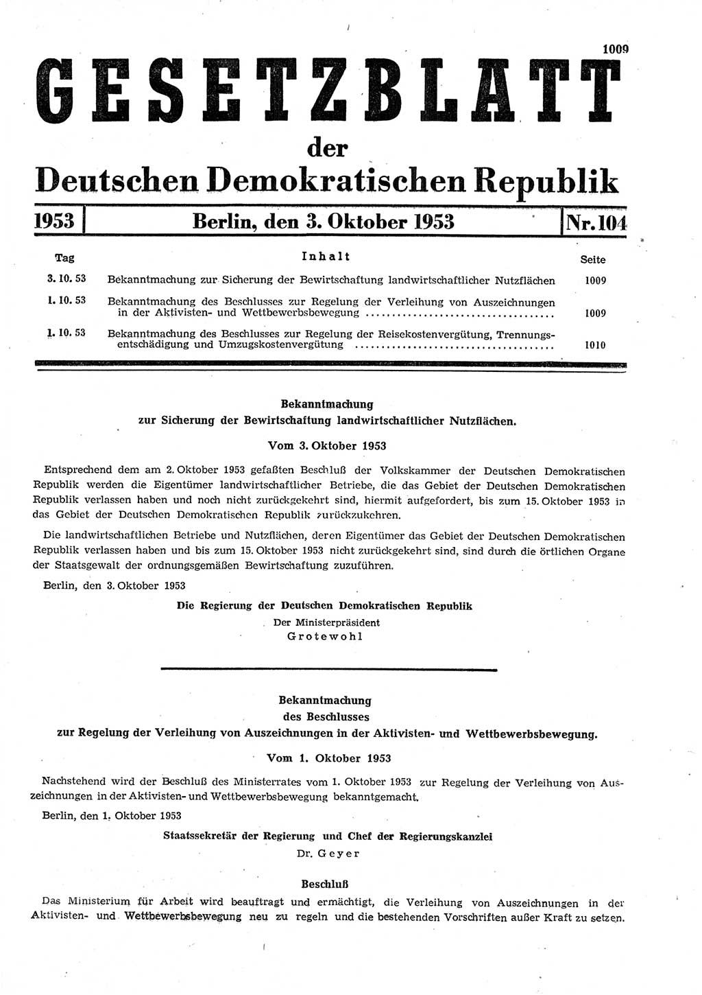 Gesetzblatt (GBl.) der Deutschen Demokratischen Republik (DDR) 1953, Seite 1009 (GBl. DDR 1953, S. 1009)