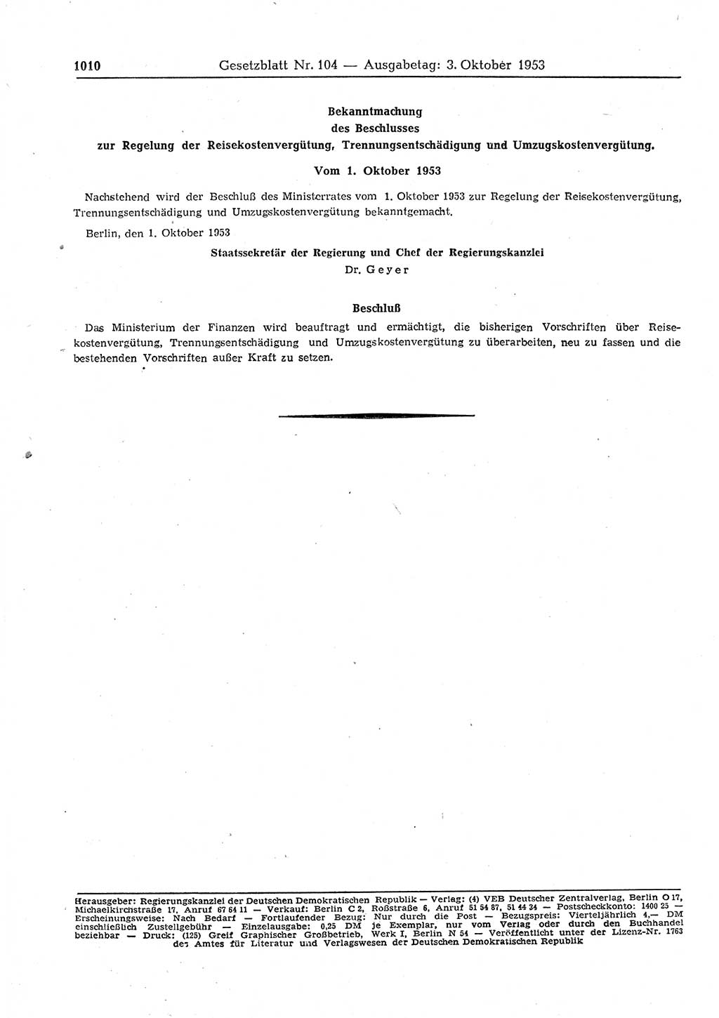 Gesetzblatt (GBl.) der Deutschen Demokratischen Republik (DDR) 1953, Seite 1010 (GBl. DDR 1953, S. 1010)