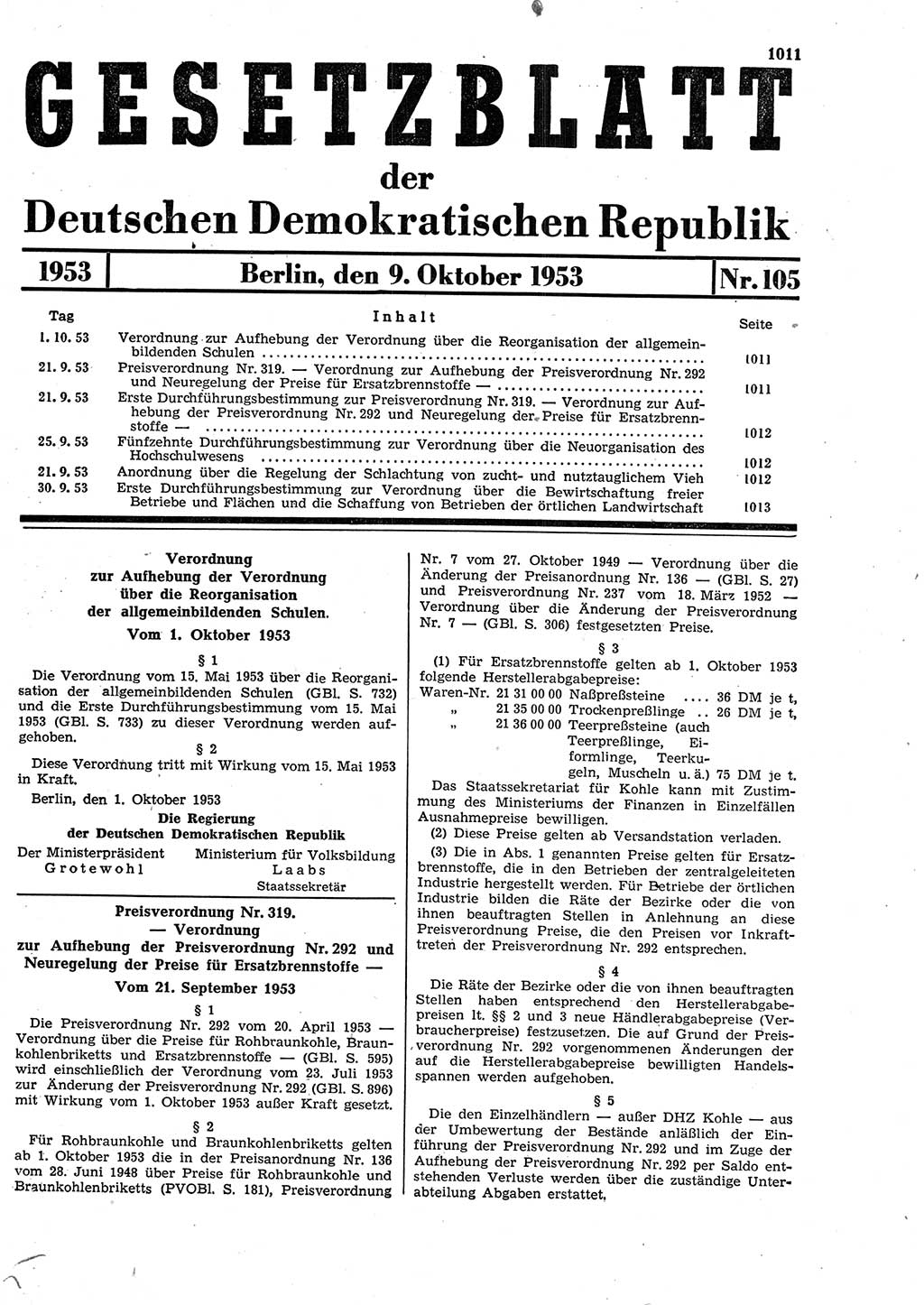 Gesetzblatt (GBl.) der Deutschen Demokratischen Republik (DDR) 1953, Seite 1011 (GBl. DDR 1953, S. 1011)