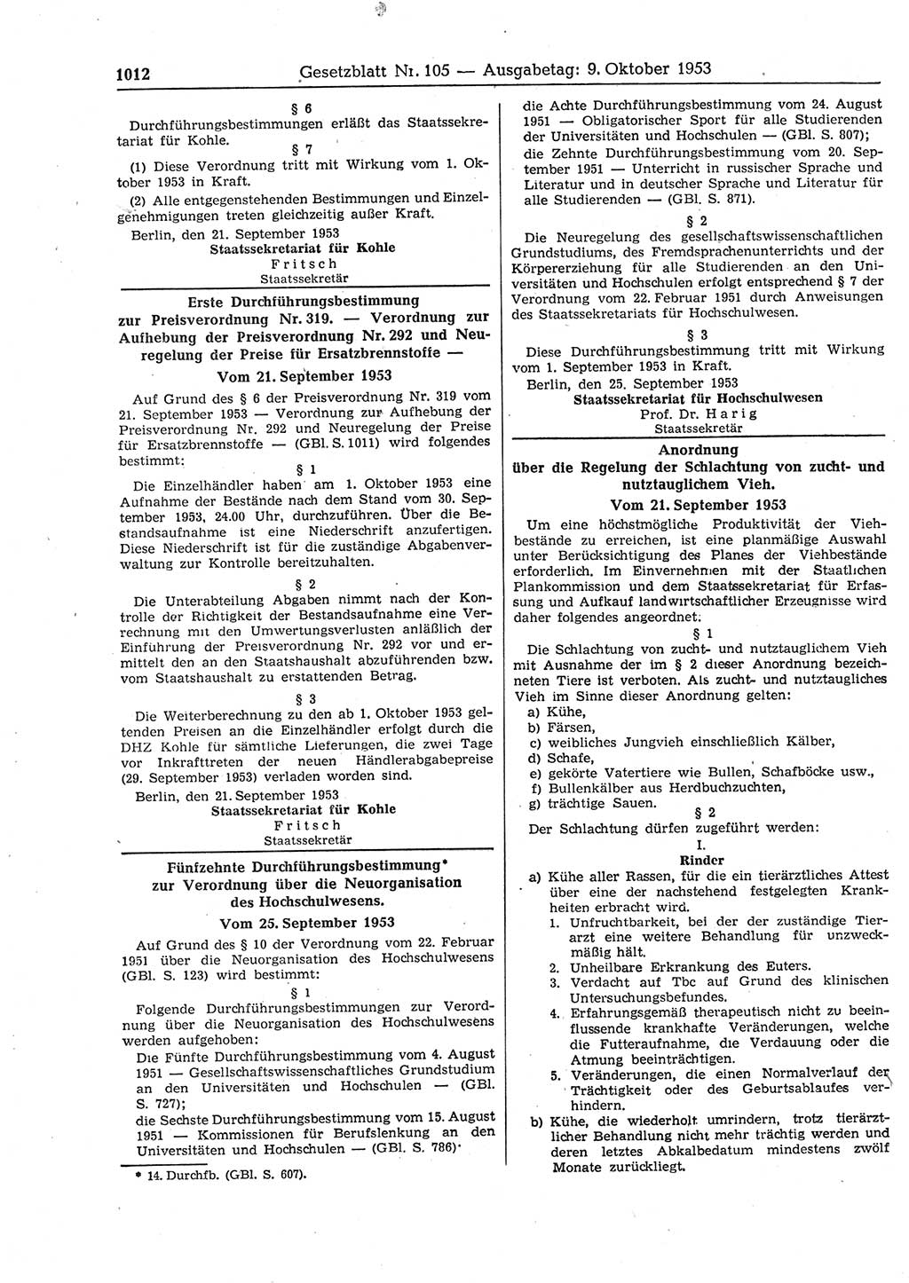 Gesetzblatt (GBl.) der Deutschen Demokratischen Republik (DDR) 1953, Seite 1012 (GBl. DDR 1953, S. 1012)