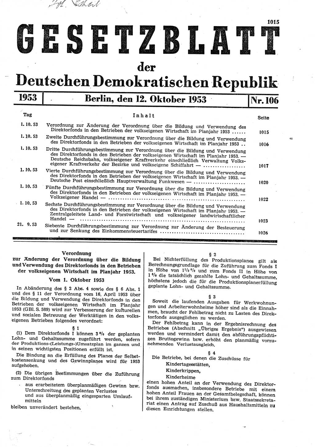 Gesetzblatt (GBl.) der Deutschen Demokratischen Republik (DDR) 1953, Seite 1015 (GBl. DDR 1953, S. 1015)