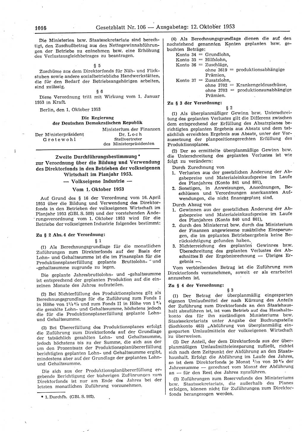 Gesetzblatt (GBl.) der Deutschen Demokratischen Republik (DDR) 1953, Seite 1016 (GBl. DDR 1953, S. 1016)