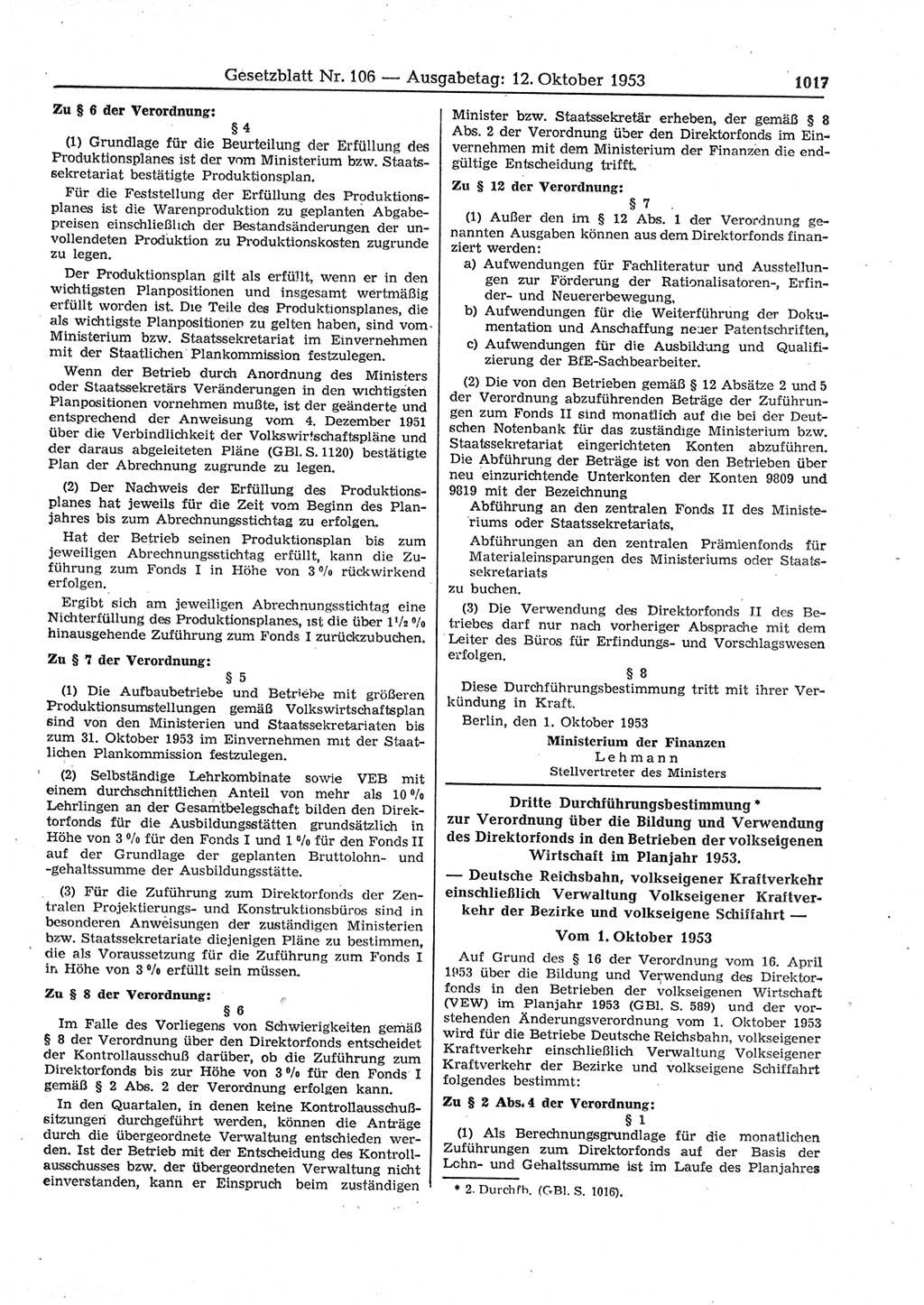 Gesetzblatt (GBl.) der Deutschen Demokratischen Republik (DDR) 1953, Seite 1017 (GBl. DDR 1953, S. 1017)