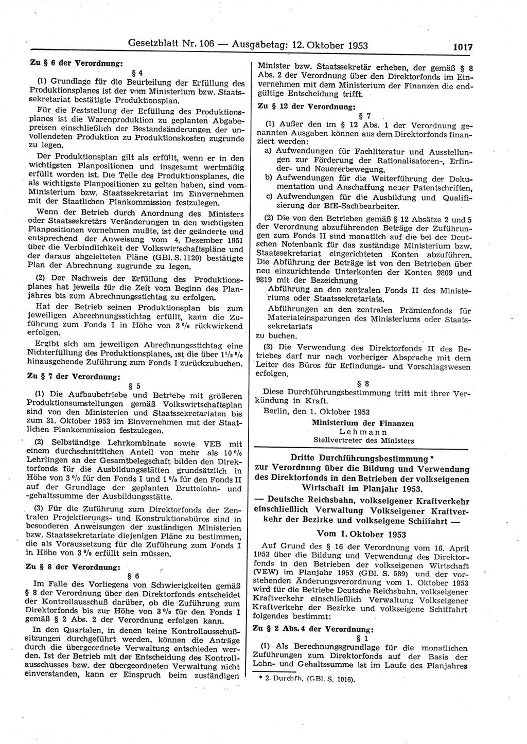 Gesetzblatt (GBl.) der Deutschen Demokratischen Republik (DDR) 1953, Seite 1017 (GBl. DDR 1953, S. 1017)