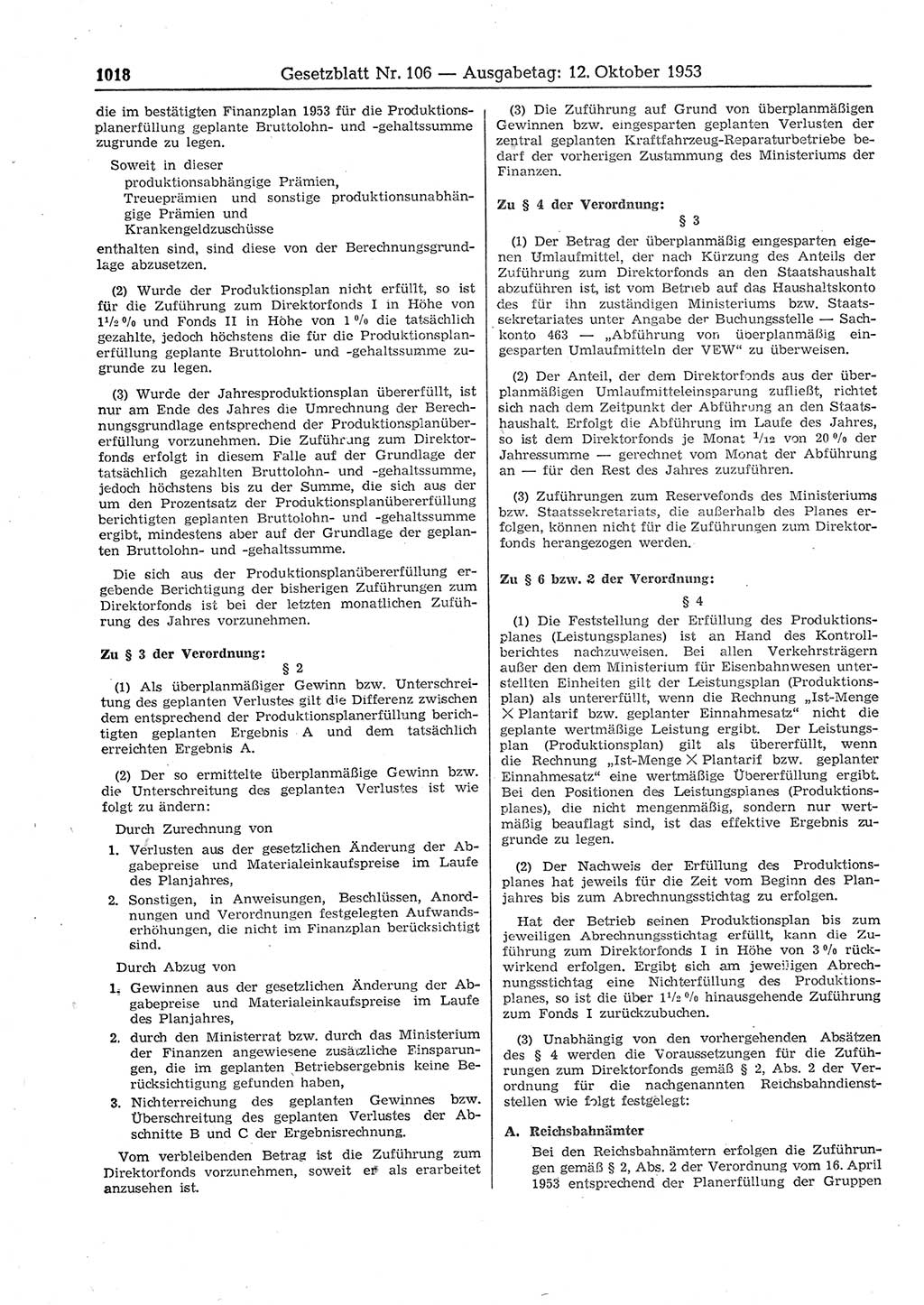 Gesetzblatt (GBl.) der Deutschen Demokratischen Republik (DDR) 1953, Seite 1018 (GBl. DDR 1953, S. 1018)