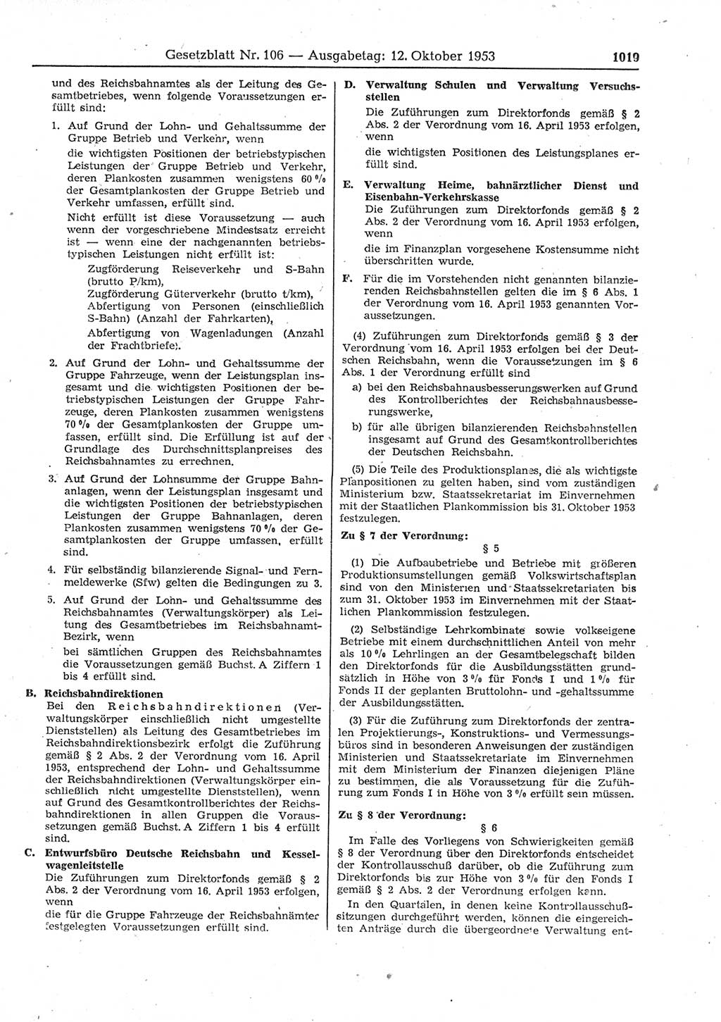 Gesetzblatt (GBl.) der Deutschen Demokratischen Republik (DDR) 1953, Seite 1019 (GBl. DDR 1953, S. 1019)