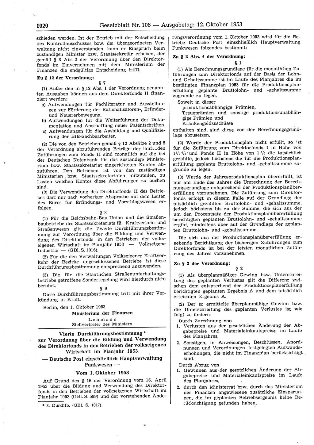 Gesetzblatt (GBl.) der Deutschen Demokratischen Republik (DDR) 1953, Seite 1020 (GBl. DDR 1953, S. 1020)