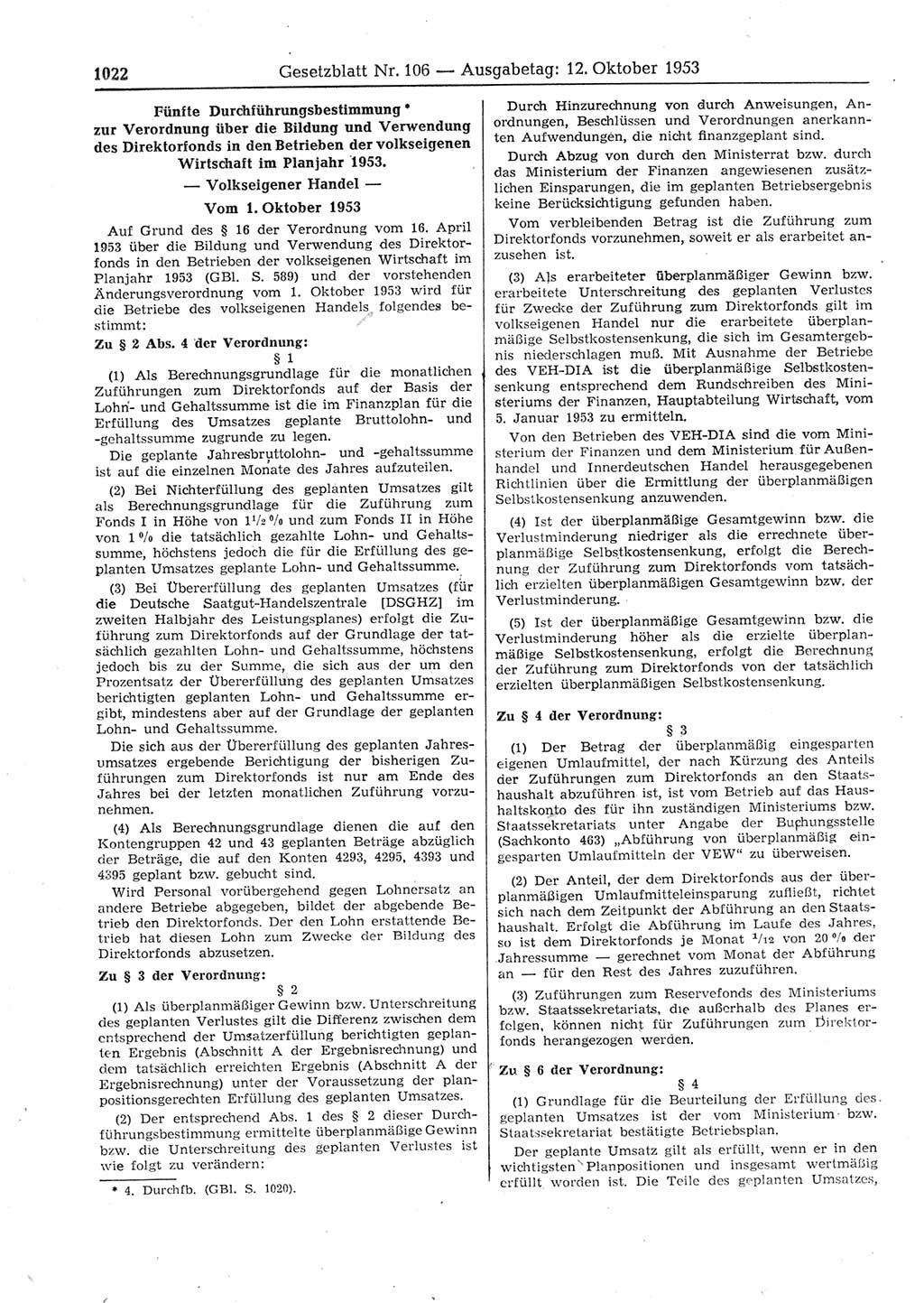 Gesetzblatt (GBl.) der Deutschen Demokratischen Republik (DDR) 1953, Seite 1022 (GBl. DDR 1953, S. 1022)