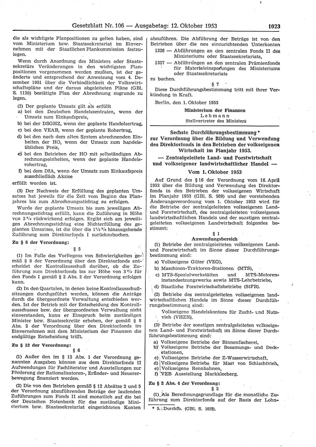 Gesetzblatt (GBl.) der Deutschen Demokratischen Republik (DDR) 1953, Seite 1023 (GBl. DDR 1953, S. 1023)