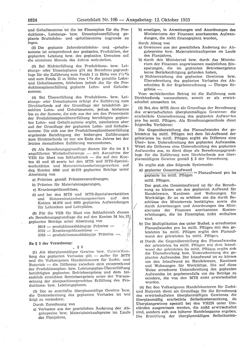 Gesetzblatt (GBl.) der Deutschen Demokratischen Republik (DDR) 1953, Seite 1024 (GBl. DDR 1953, S. 1024)