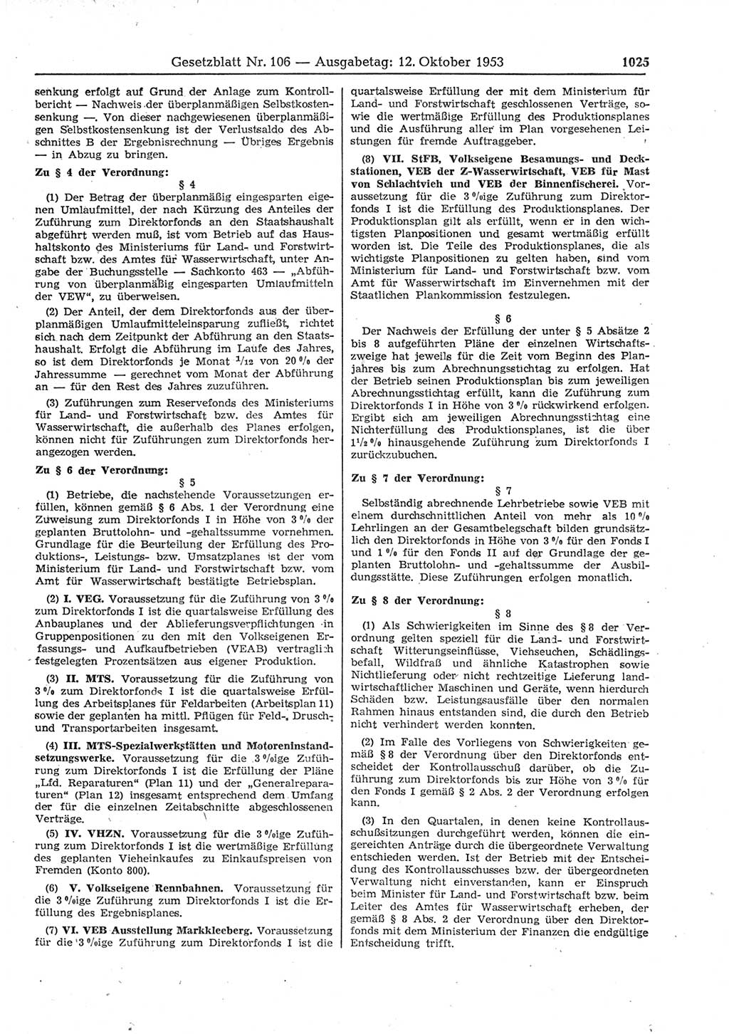 Gesetzblatt (GBl.) der Deutschen Demokratischen Republik (DDR) 1953, Seite 1025 (GBl. DDR 1953, S. 1025)