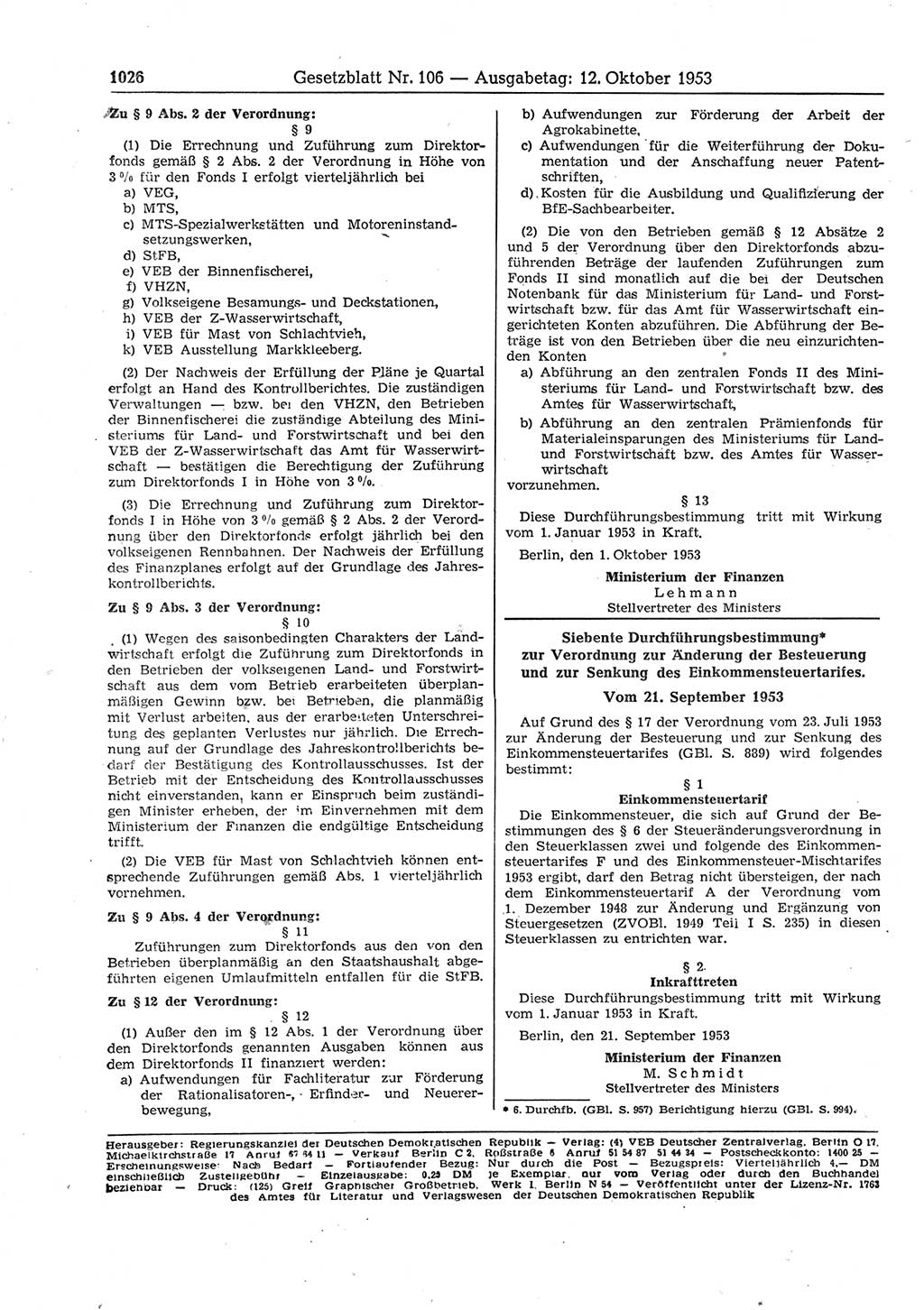 Gesetzblatt (GBl.) der Deutschen Demokratischen Republik (DDR) 1953, Seite 1026 (GBl. DDR 1953, S. 1026)