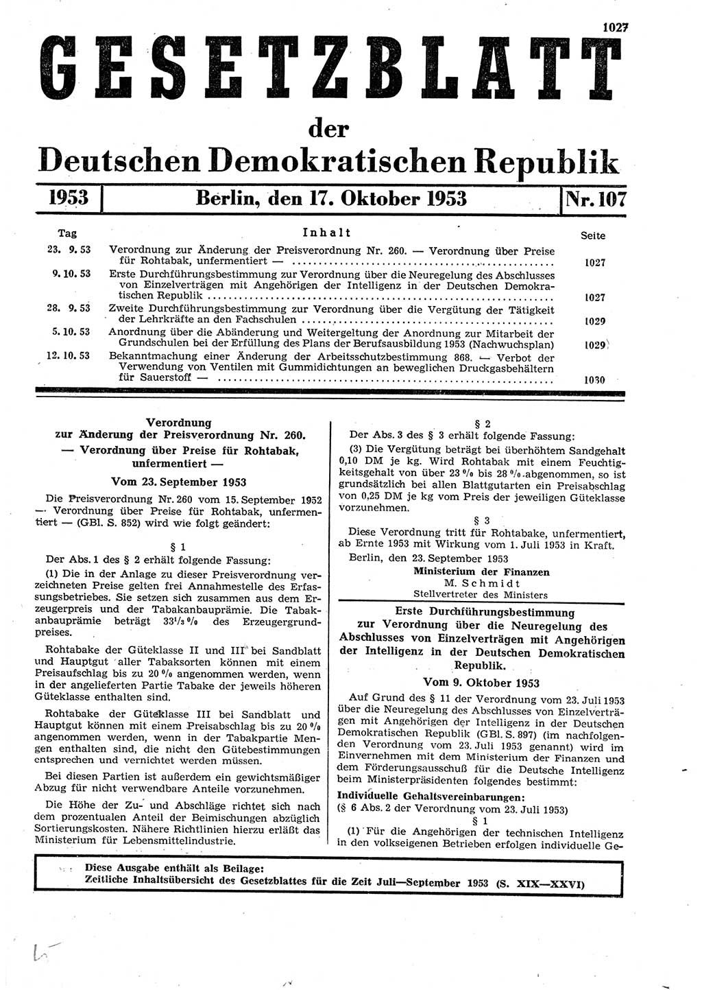 Gesetzblatt (GBl.) der Deutschen Demokratischen Republik (DDR) 1953, Seite 1027 (GBl. DDR 1953, S. 1027)