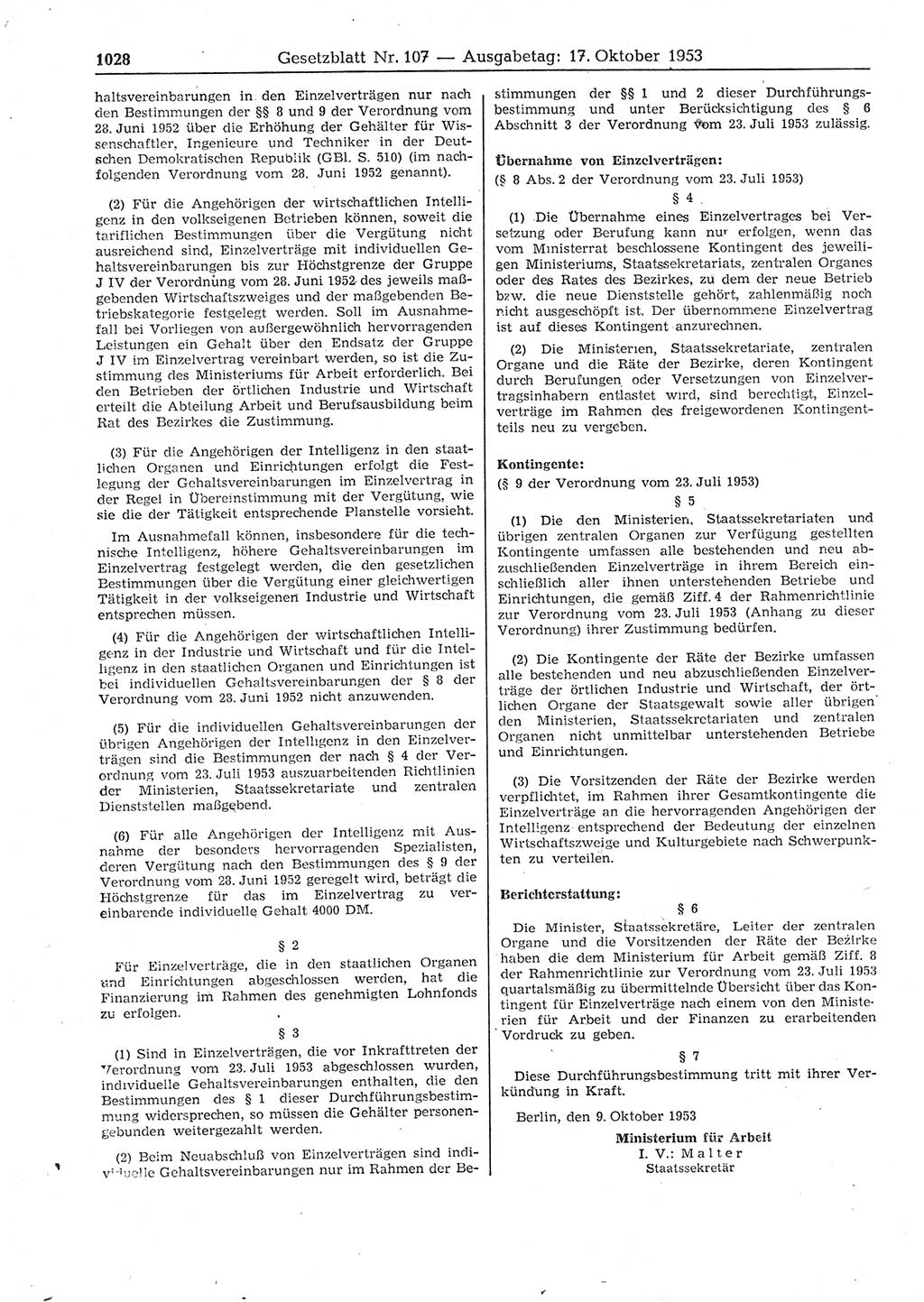 Gesetzblatt (GBl.) der Deutschen Demokratischen Republik (DDR) 1953, Seite 1028 (GBl. DDR 1953, S. 1028)