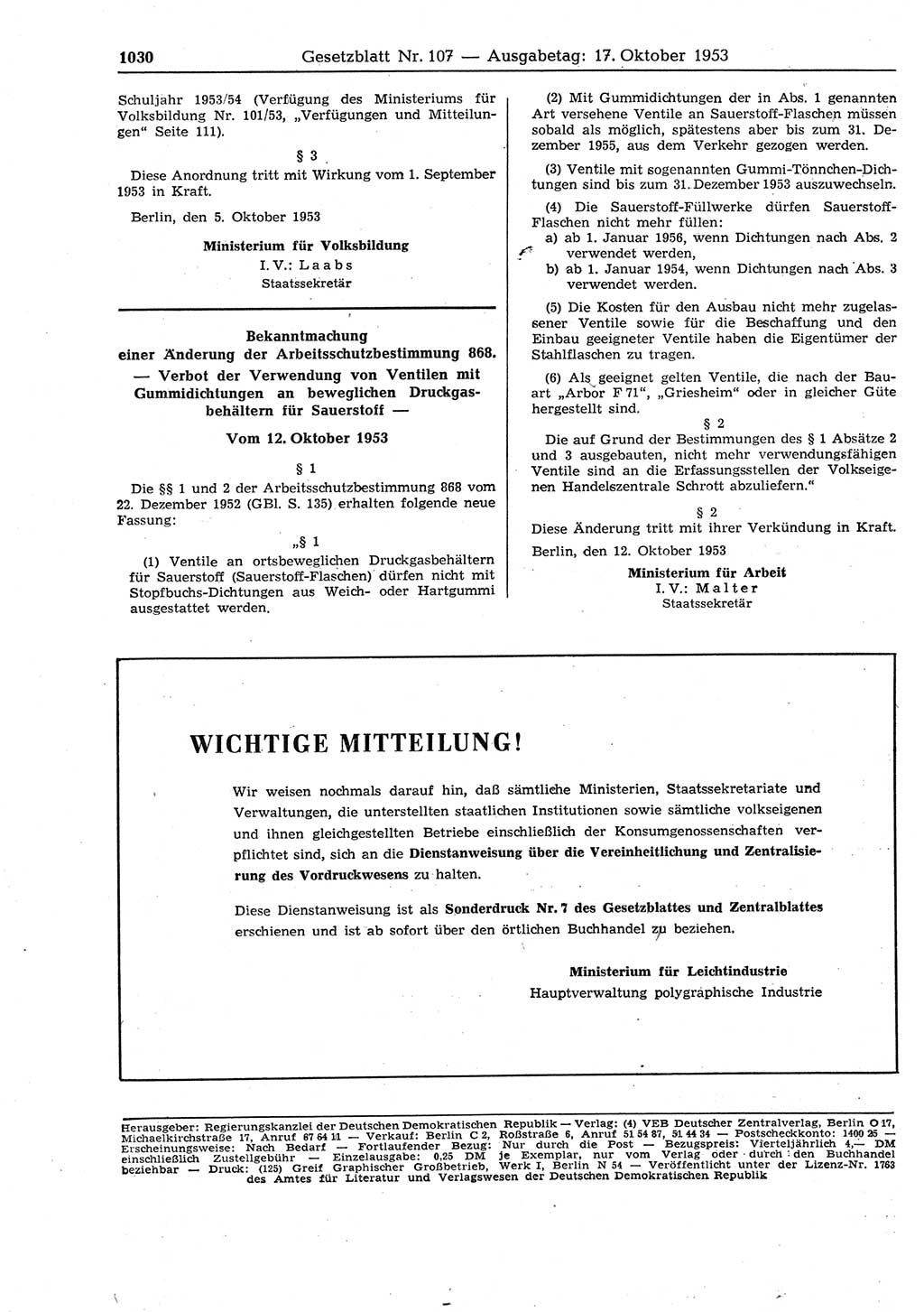 Gesetzblatt (GBl.) der Deutschen Demokratischen Republik (DDR) 1953, Seite 1030 (GBl. DDR 1953, S. 1030)