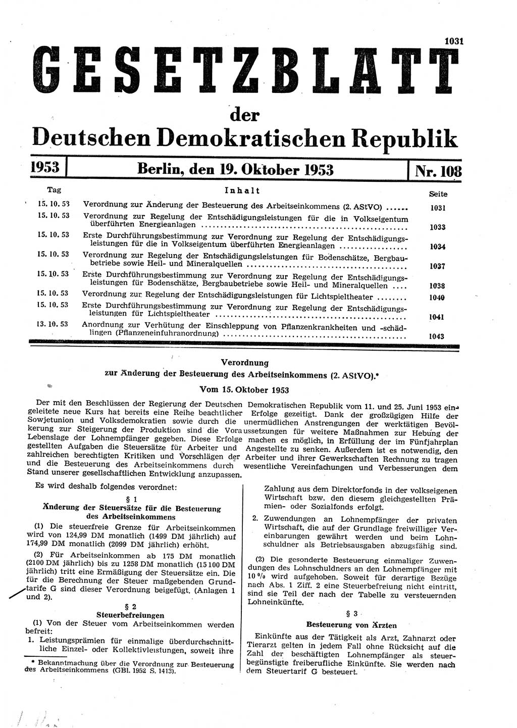 Gesetzblatt (GBl.) der Deutschen Demokratischen Republik (DDR) 1953, Seite 1031 (GBl. DDR 1953, S. 1031)