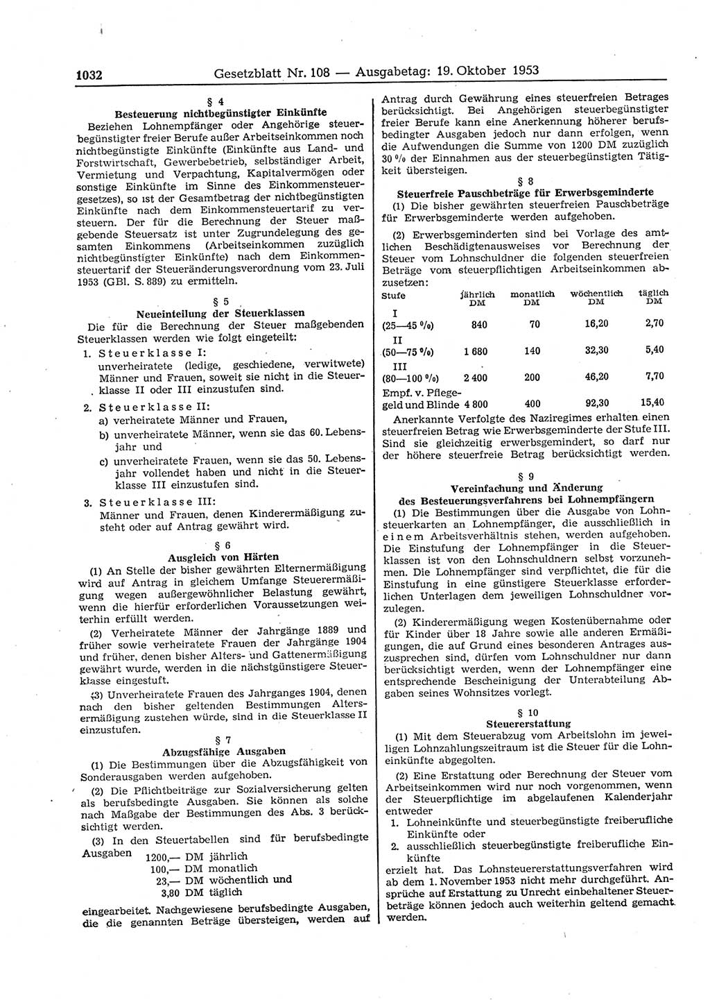 Gesetzblatt (GBl.) der Deutschen Demokratischen Republik (DDR) 1953, Seite 1032 (GBl. DDR 1953, S. 1032)