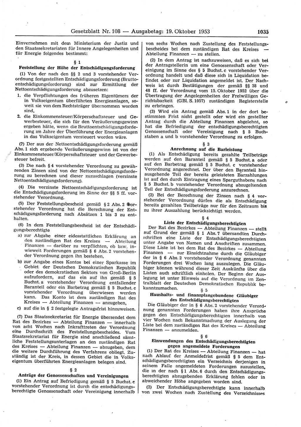 Gesetzblatt (GBl.) der Deutschen Demokratischen Republik (DDR) 1953, Seite 1035 (GBl. DDR 1953, S. 1035)