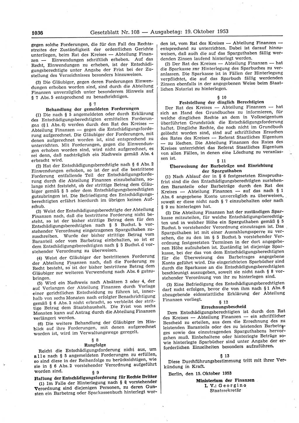 Gesetzblatt (GBl.) der Deutschen Demokratischen Republik (DDR) 1953, Seite 1036 (GBl. DDR 1953, S. 1036)