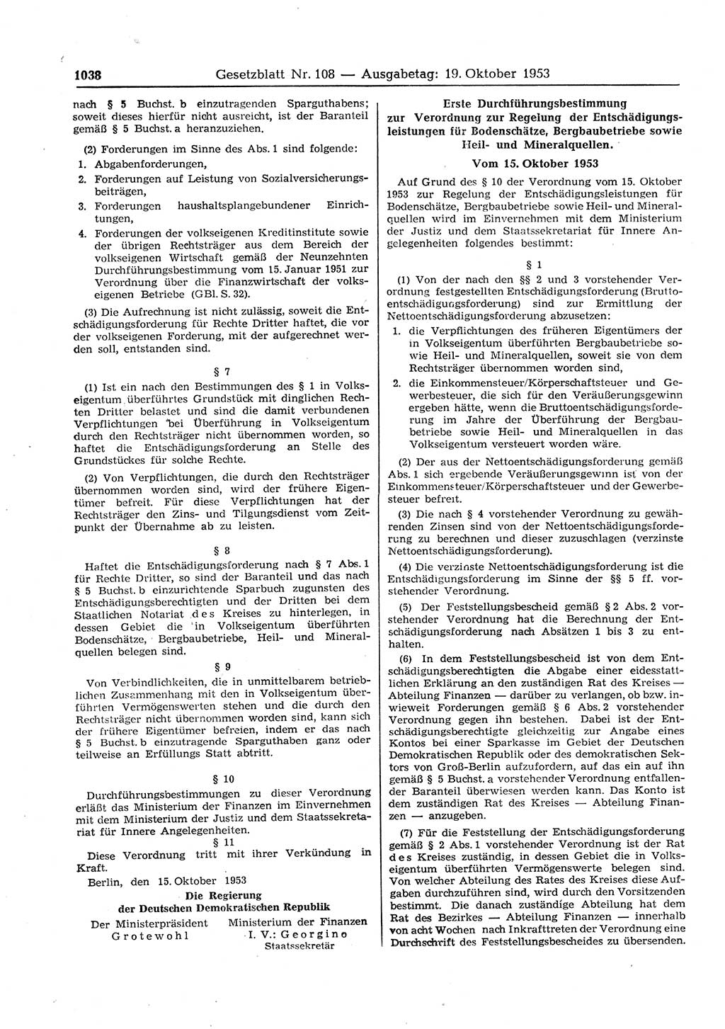 Gesetzblatt (GBl.) der Deutschen Demokratischen Republik (DDR) 1953, Seite 1038 (GBl. DDR 1953, S. 1038)