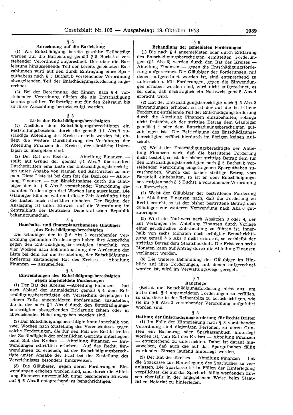 Gesetzblatt (GBl.) der Deutschen Demokratischen Republik (DDR) 1953, Seite 1039 (GBl. DDR 1953, S. 1039)