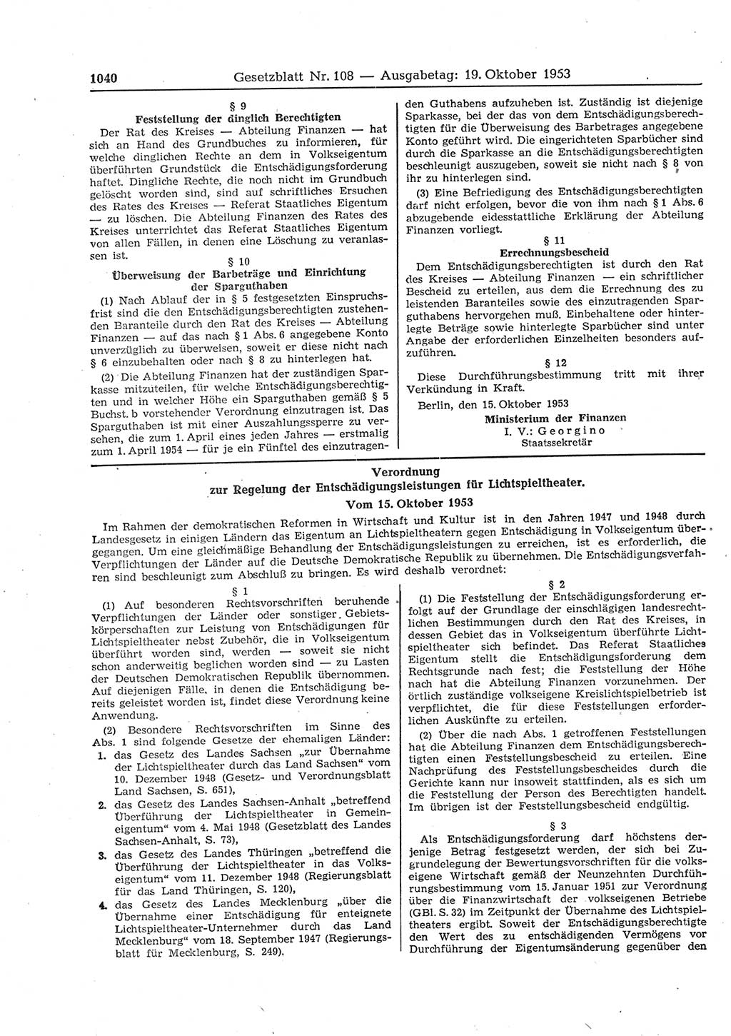 Gesetzblatt (GBl.) der Deutschen Demokratischen Republik (DDR) 1953, Seite 1040 (GBl. DDR 1953, S. 1040)