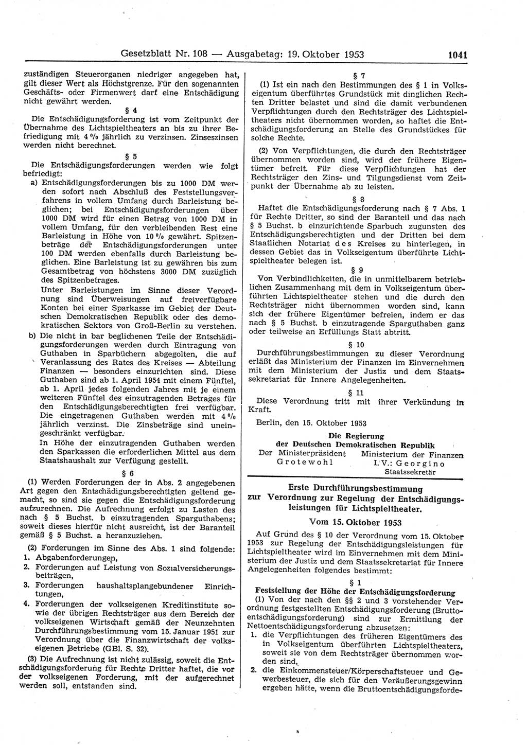 Gesetzblatt (GBl.) der Deutschen Demokratischen Republik (DDR) 1953, Seite 1041 (GBl. DDR 1953, S. 1041)