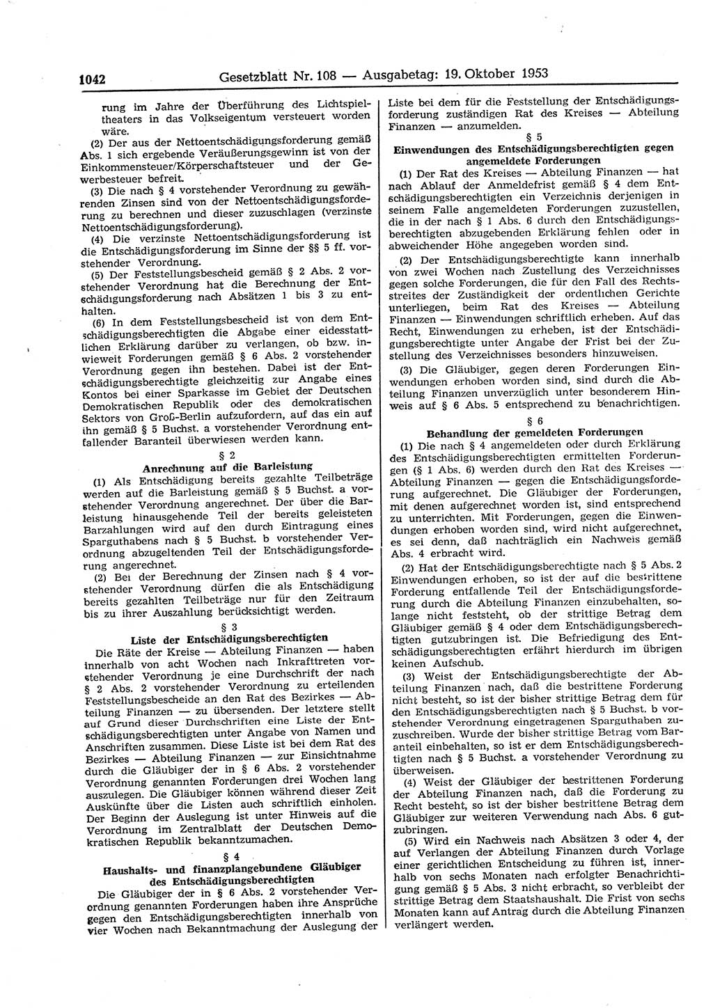 Gesetzblatt (GBl.) der Deutschen Demokratischen Republik (DDR) 1953, Seite 1042 (GBl. DDR 1953, S. 1042)