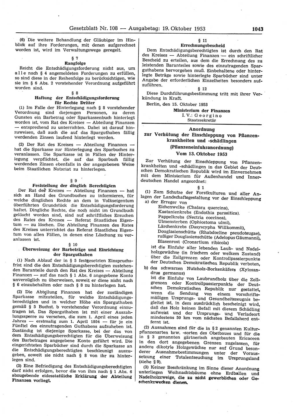 Gesetzblatt (GBl.) der Deutschen Demokratischen Republik (DDR) 1953, Seite 1043 (GBl. DDR 1953, S. 1043)