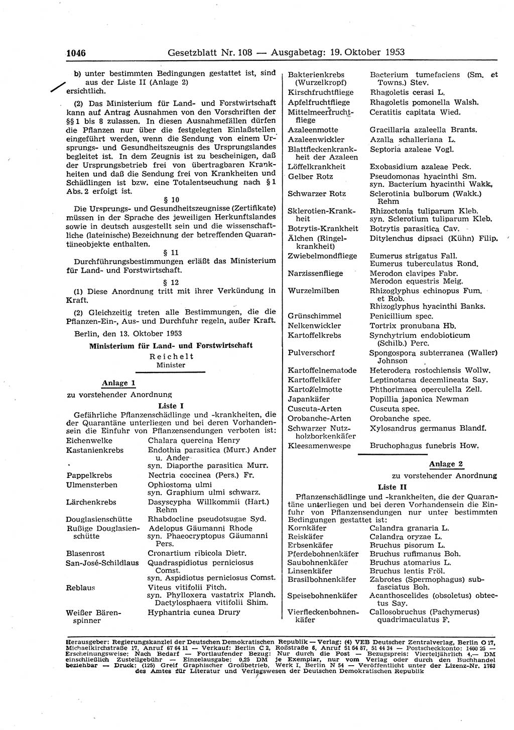 Gesetzblatt (GBl.) der Deutschen Demokratischen Republik (DDR) 1953, Seite 1046 (GBl. DDR 1953, S. 1046)