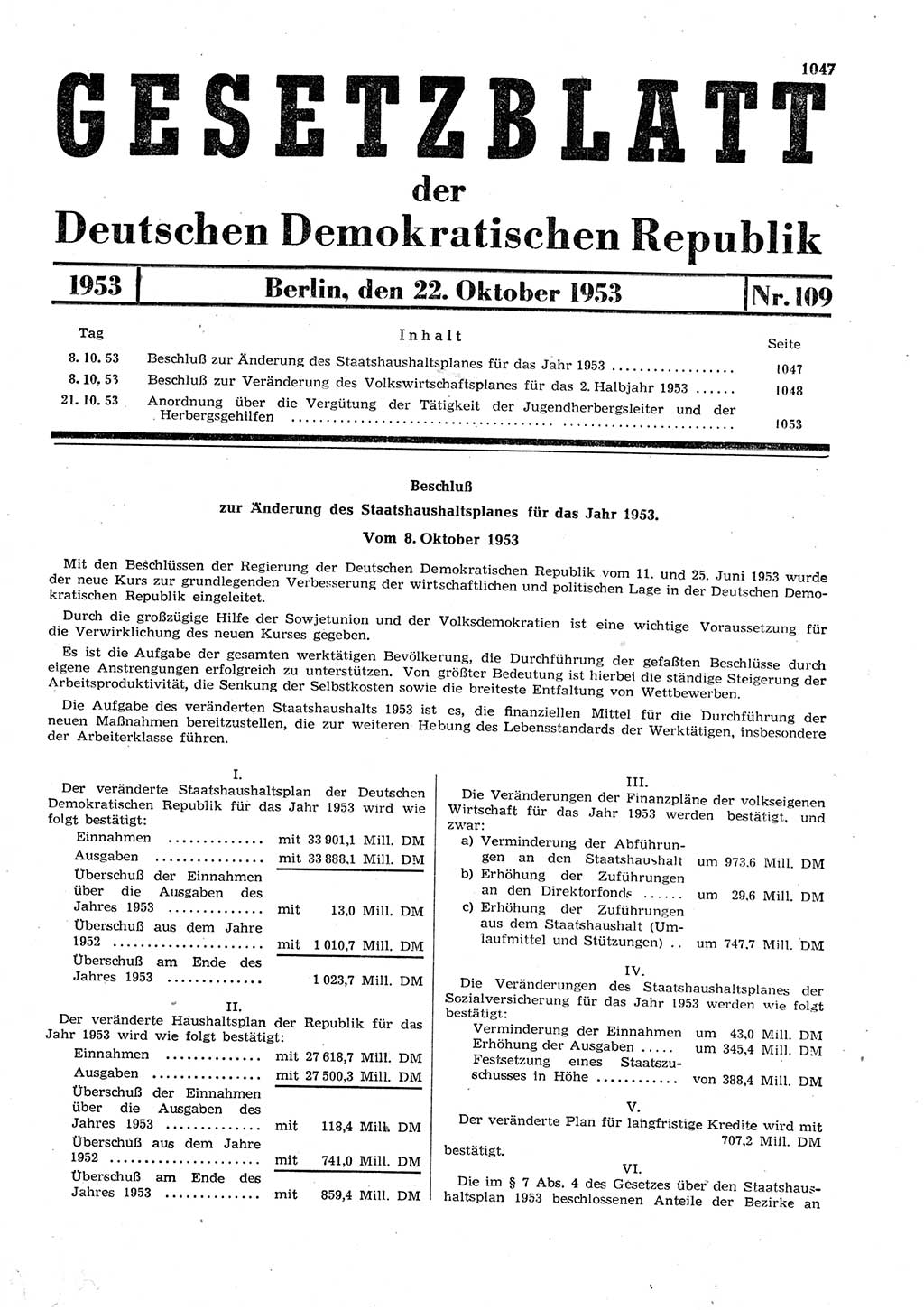 Gesetzblatt (GBl.) der Deutschen Demokratischen Republik (DDR) 1953, Seite 1047 (GBl. DDR 1953, S. 1047)