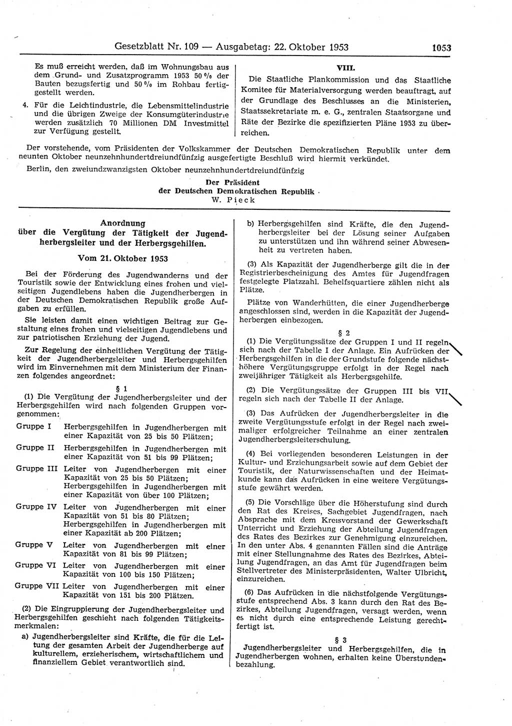 Gesetzblatt (GBl.) der Deutschen Demokratischen Republik (DDR) 1953, Seite 1053 (GBl. DDR 1953, S. 1053)